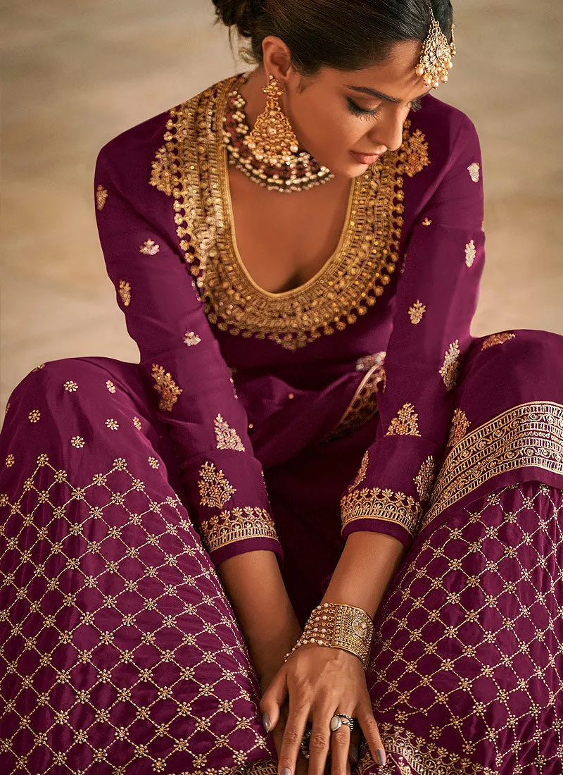 Purple Georgette Embroidered Palazzo Suit