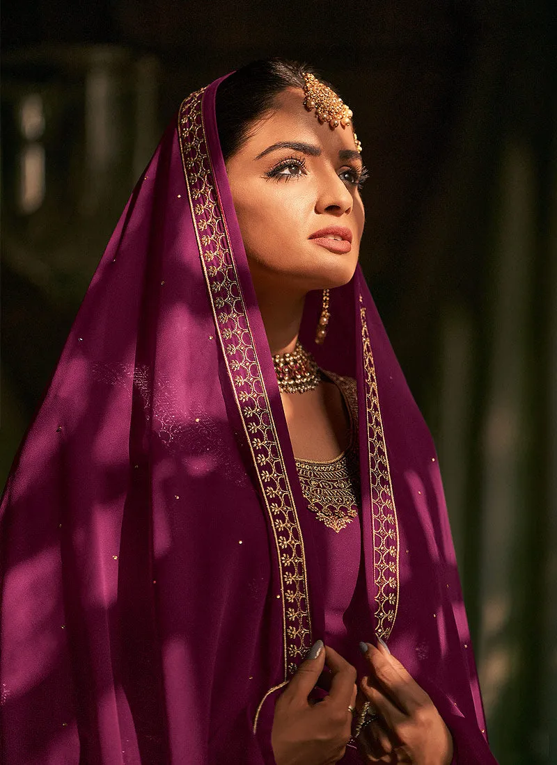 Purple Georgette Embroidered Palazzo Suit