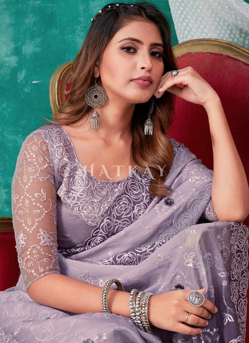 Purple Sequence And Appliqué Embroidery Silk Saree