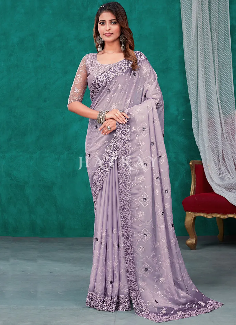 Purple Sequence And Appliqué Embroidery Silk Saree