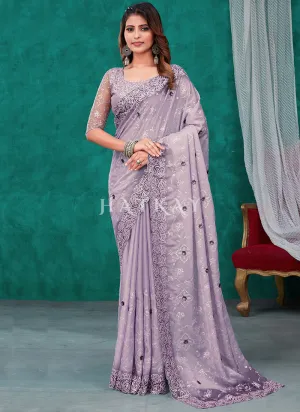 Purple Sequence And Appliqué Embroidery Silk Saree