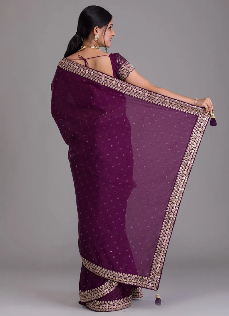 Purple Sequence Embroidery Silk Saree With Belt