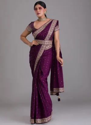 Purple Sequence Embroidery Silk Saree With Belt