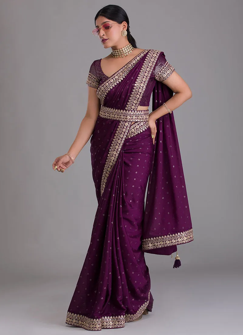 Purple Sequence Embroidery Silk Saree With Belt