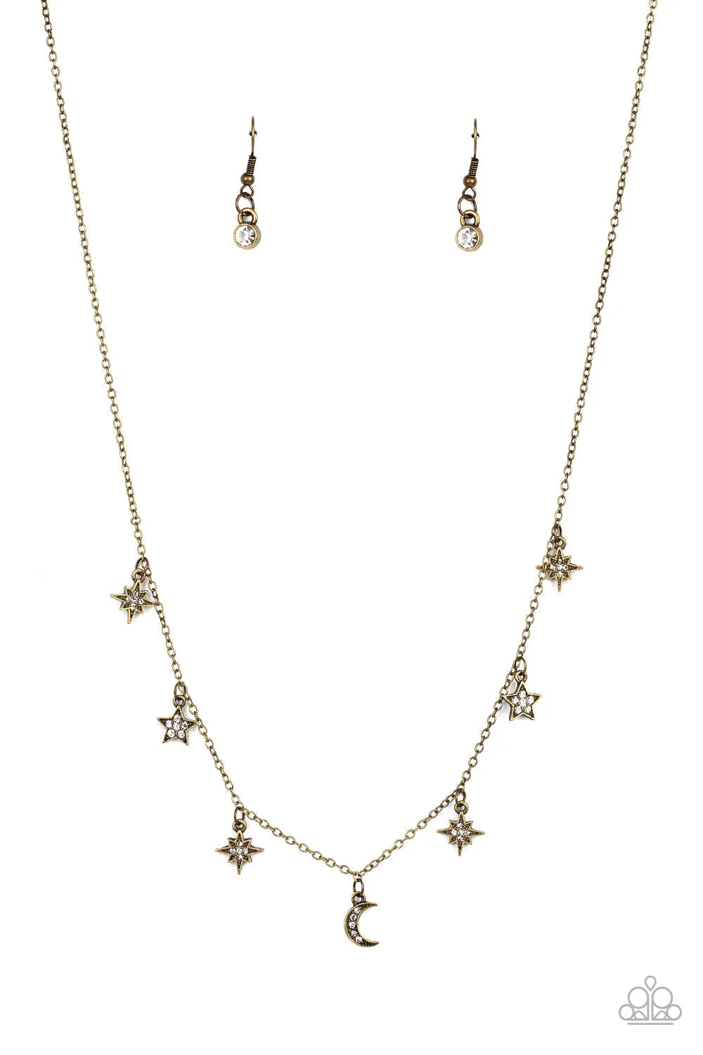 "Cosmic Runway" Brass Metal & White Rhinestone Star & Moon Necklace Set