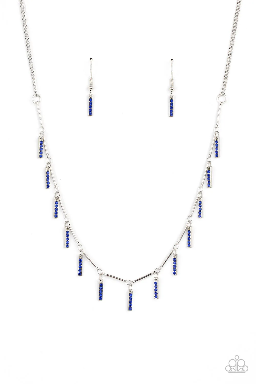 "Metro Muse" Silver Metal & Blue Rhinestone with Dripping Bars Necklace Set