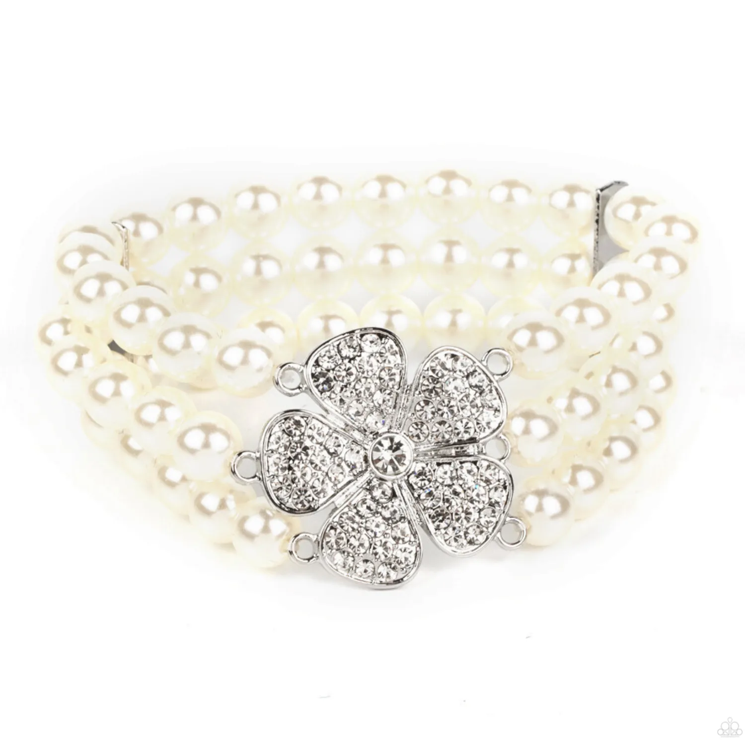 "Park Avenue Orchard" Silver Metal 3 Row White Pearls & Rhinestone Flower Stretch Bracelet
