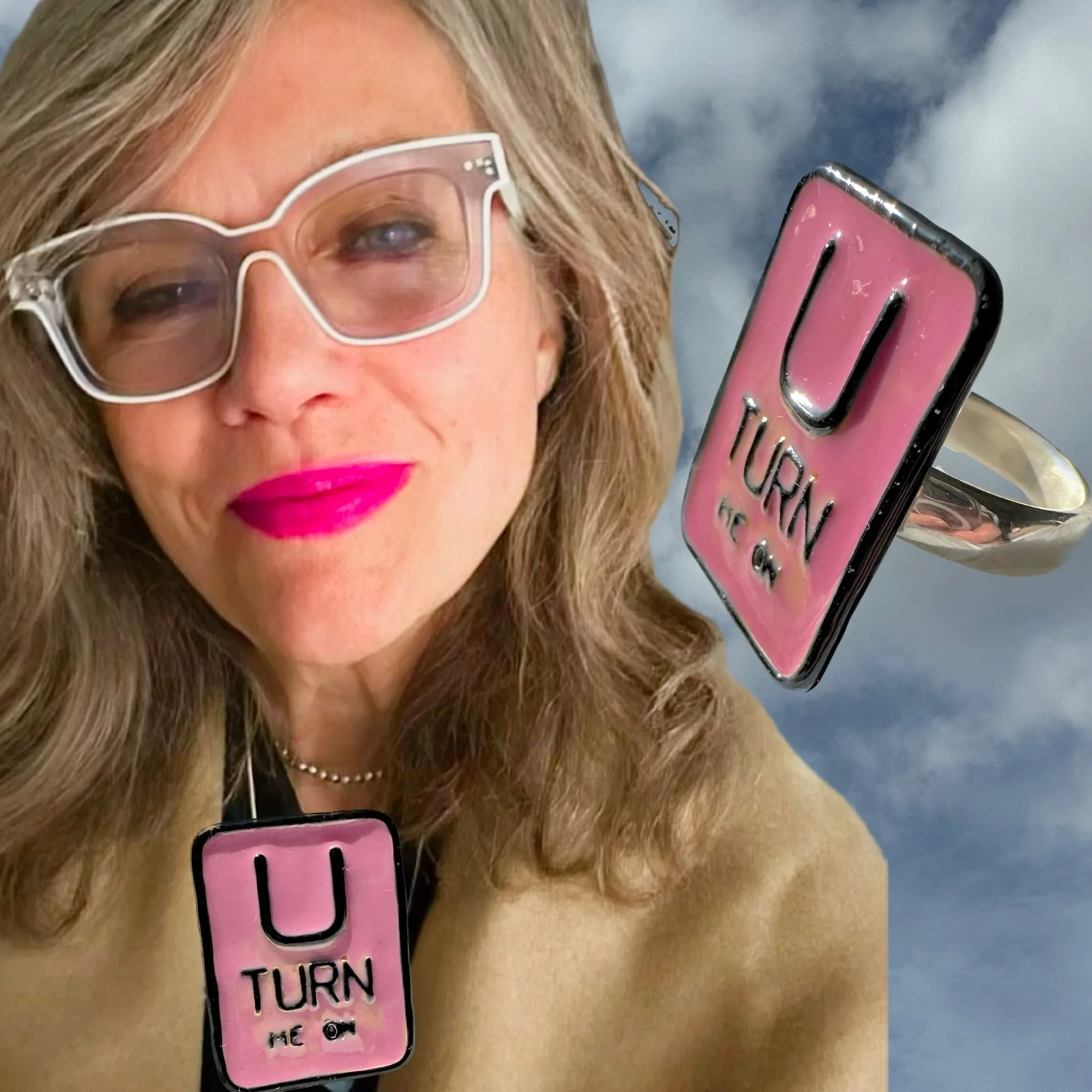 "U TURN ME ON"Pop Art Sterling Silver Enameled Ring