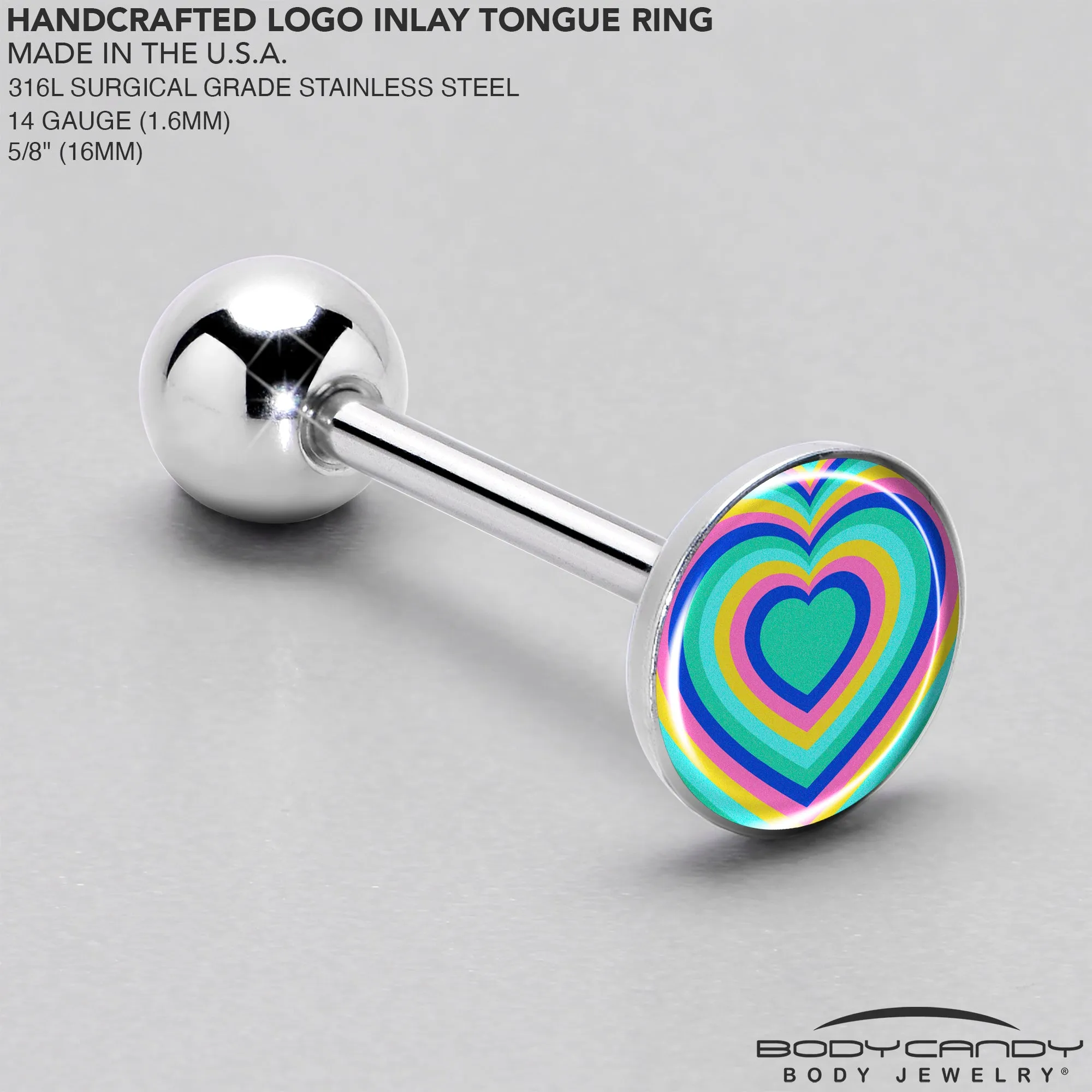 Rainbow Retro Heart Barbell Tongue Ring