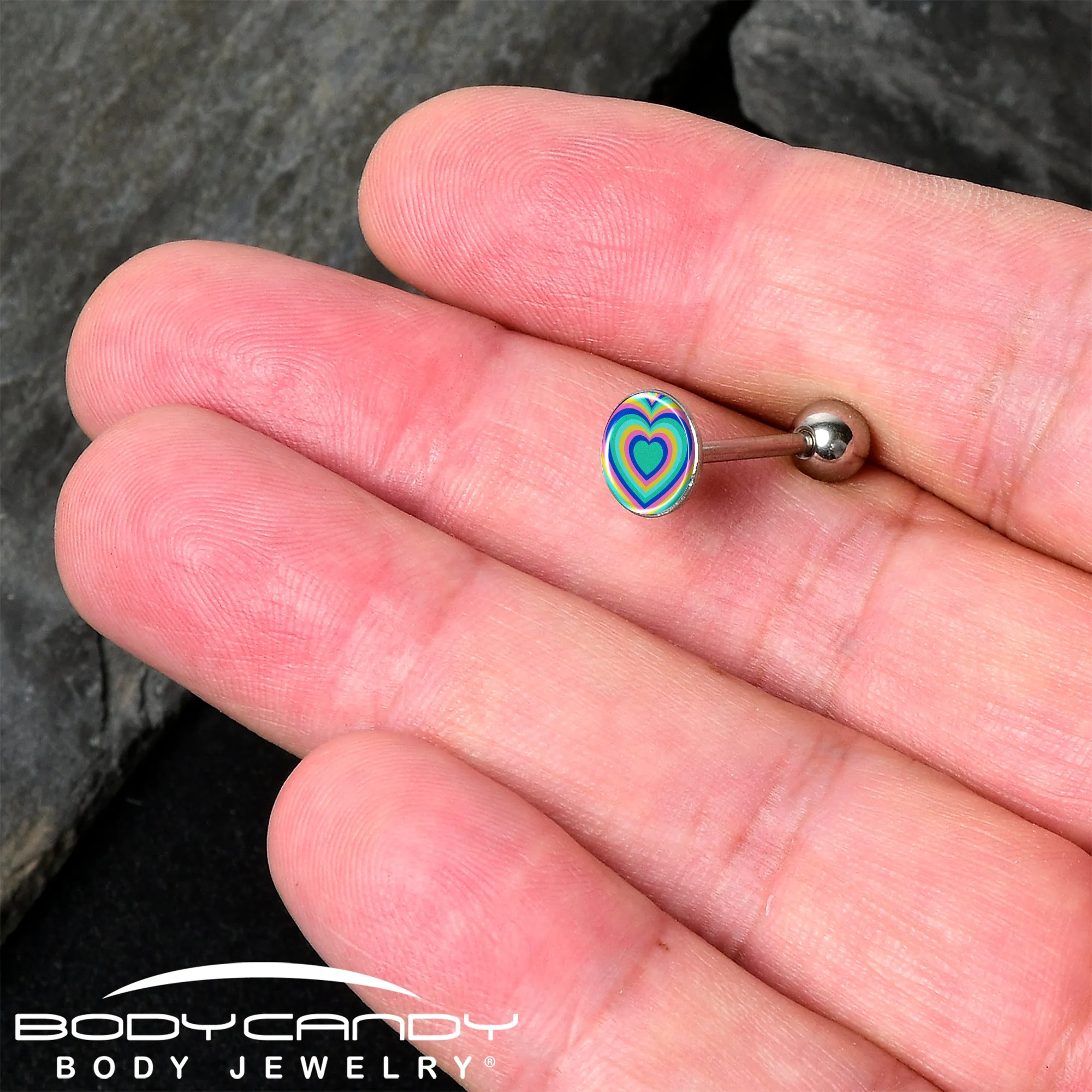 Rainbow Retro Heart Barbell Tongue Ring