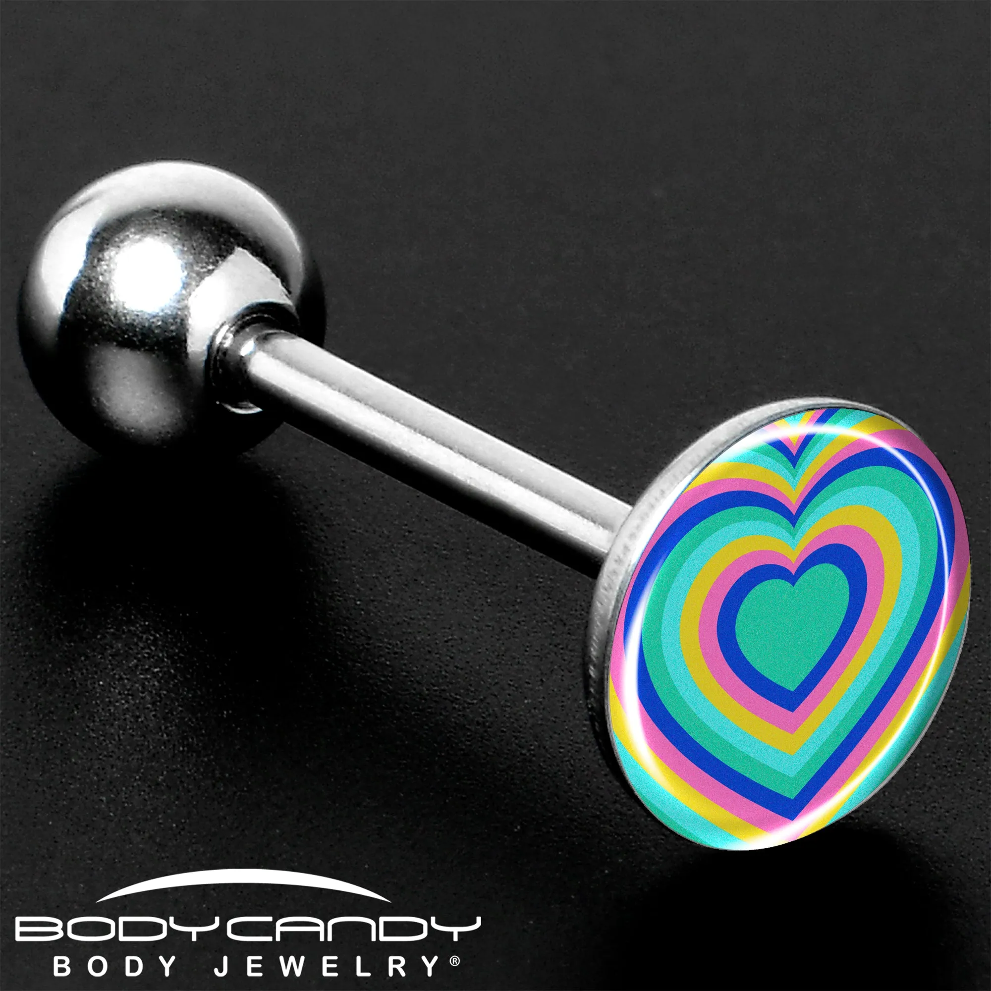 Rainbow Retro Heart Barbell Tongue Ring