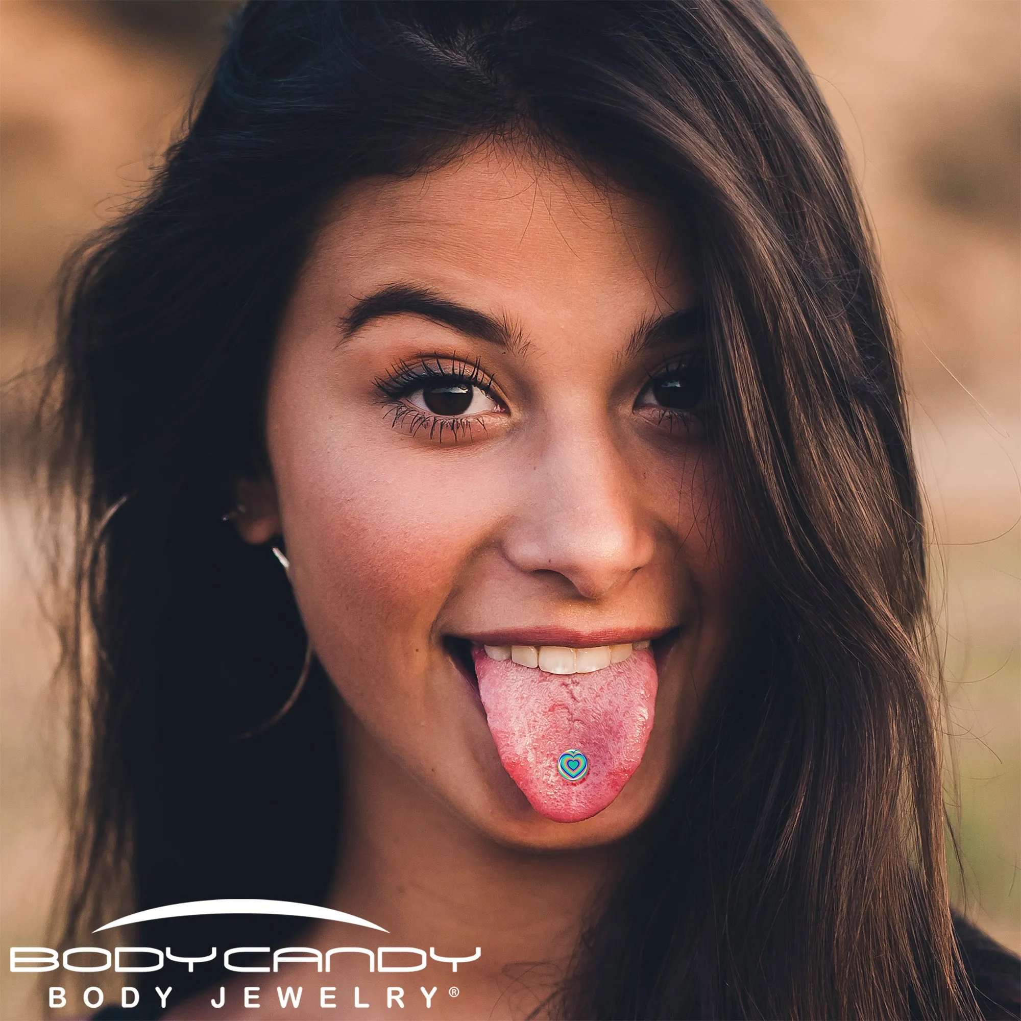 Rainbow Retro Heart Barbell Tongue Ring