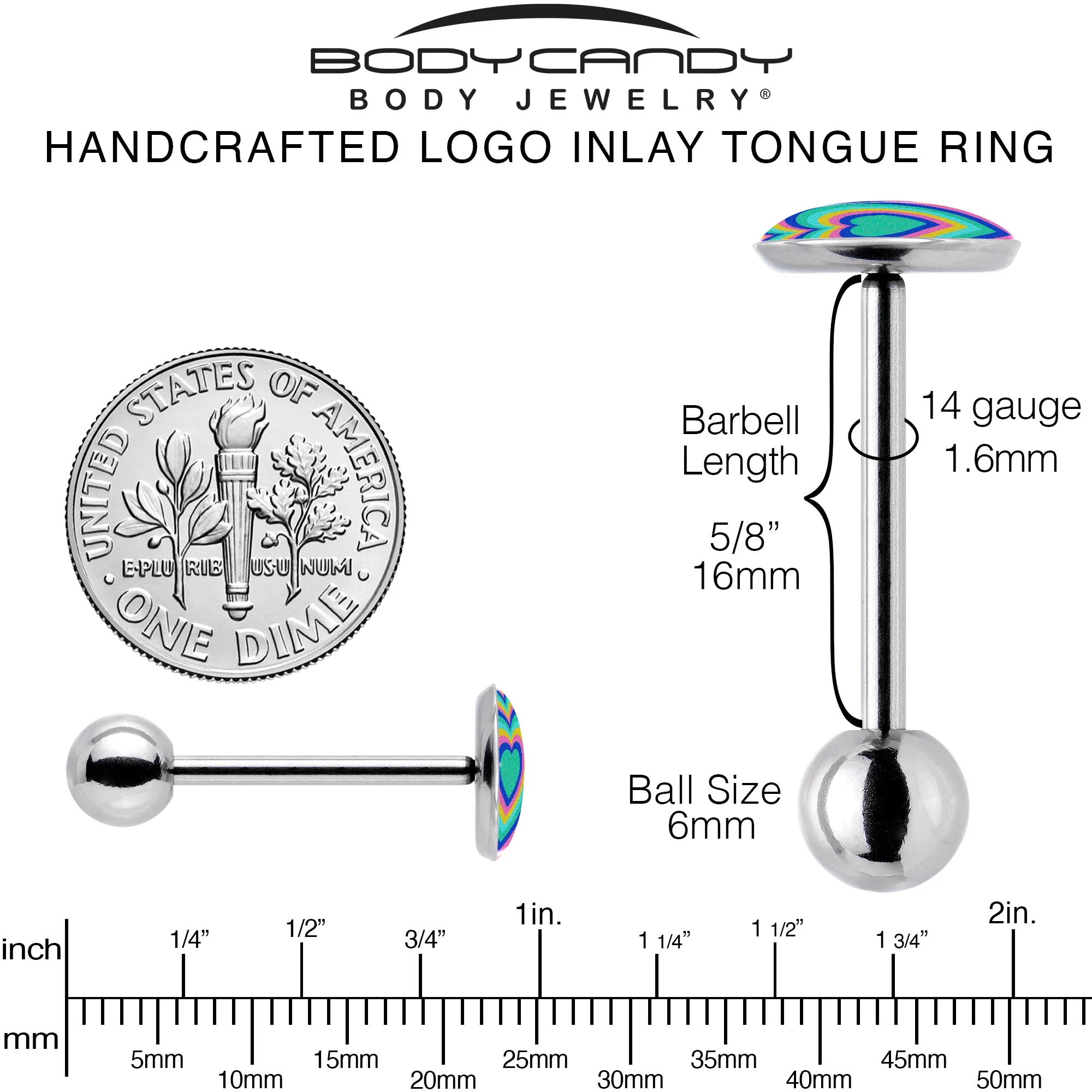 Rainbow Retro Heart Barbell Tongue Ring