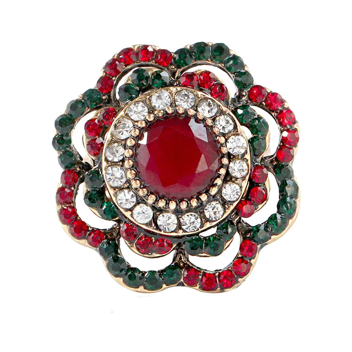 Red & Green Cubic Zirconia Retro Flower Ring