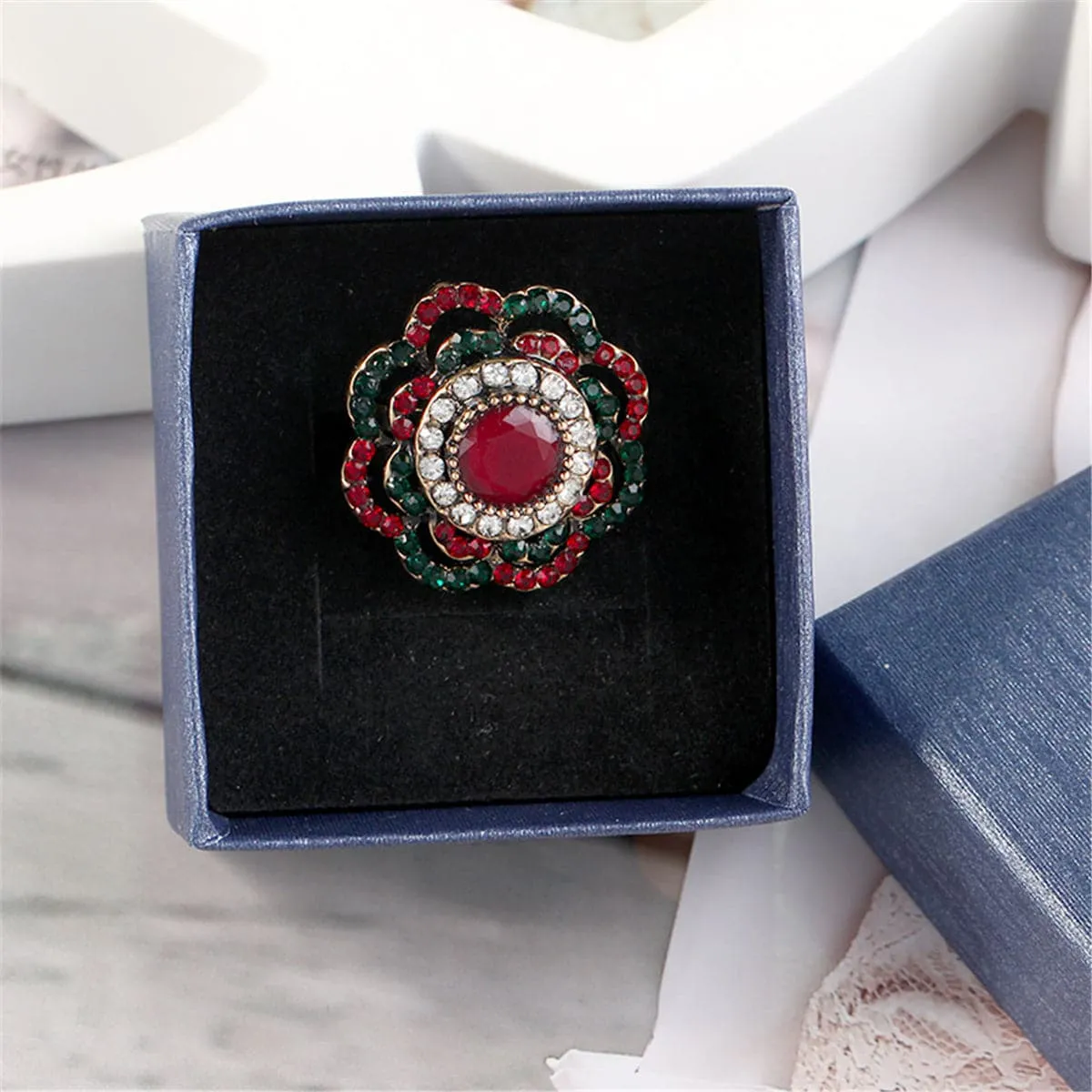 Red & Green Cubic Zirconia Retro Flower Ring
