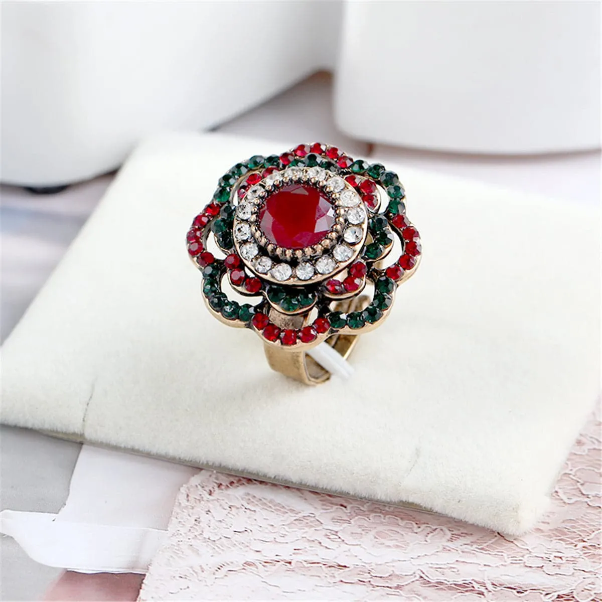 Red & Green Cubic Zirconia Retro Flower Ring