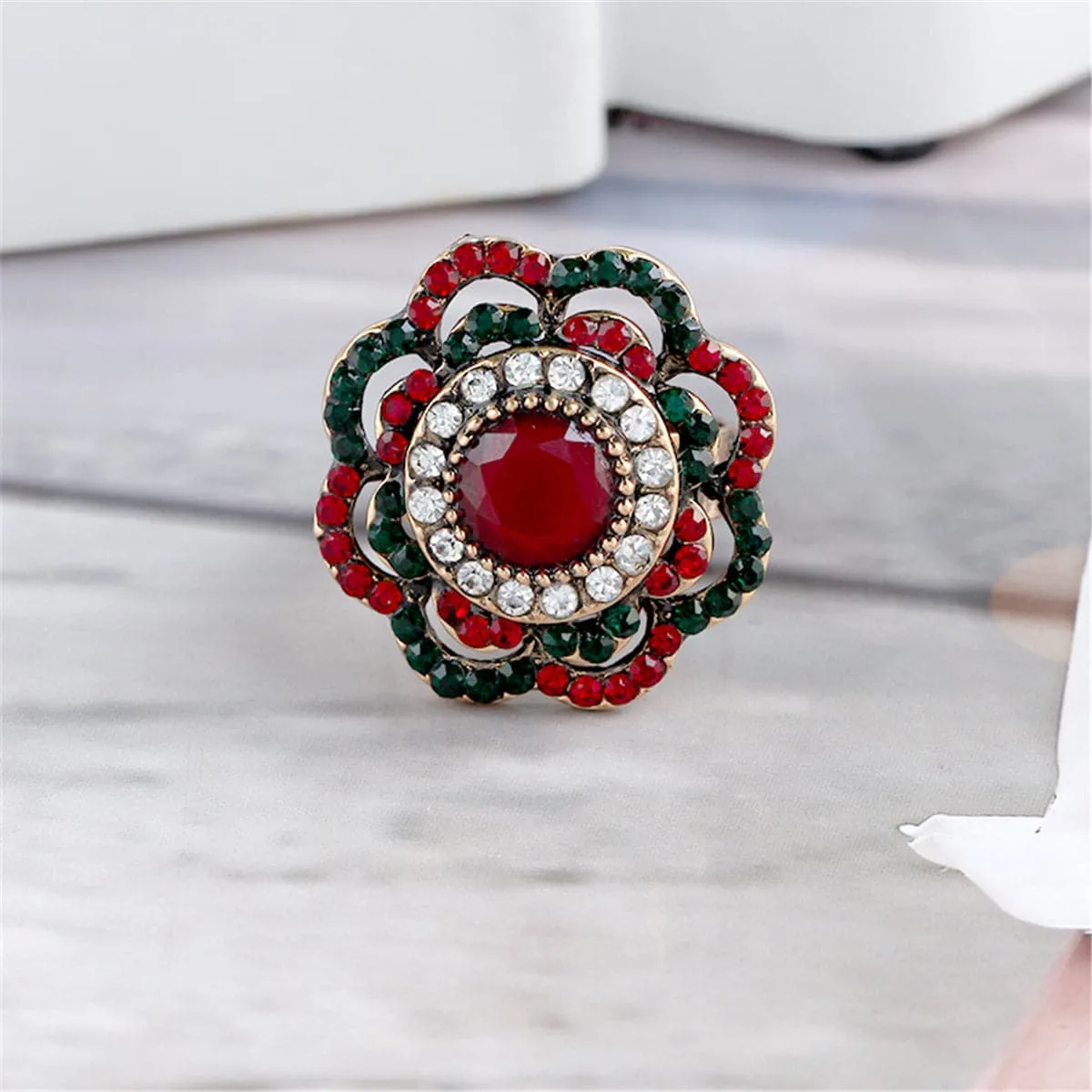 Red & Green Cubic Zirconia Retro Flower Ring