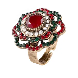 Red & Green Cubic Zirconia Retro Flower Ring