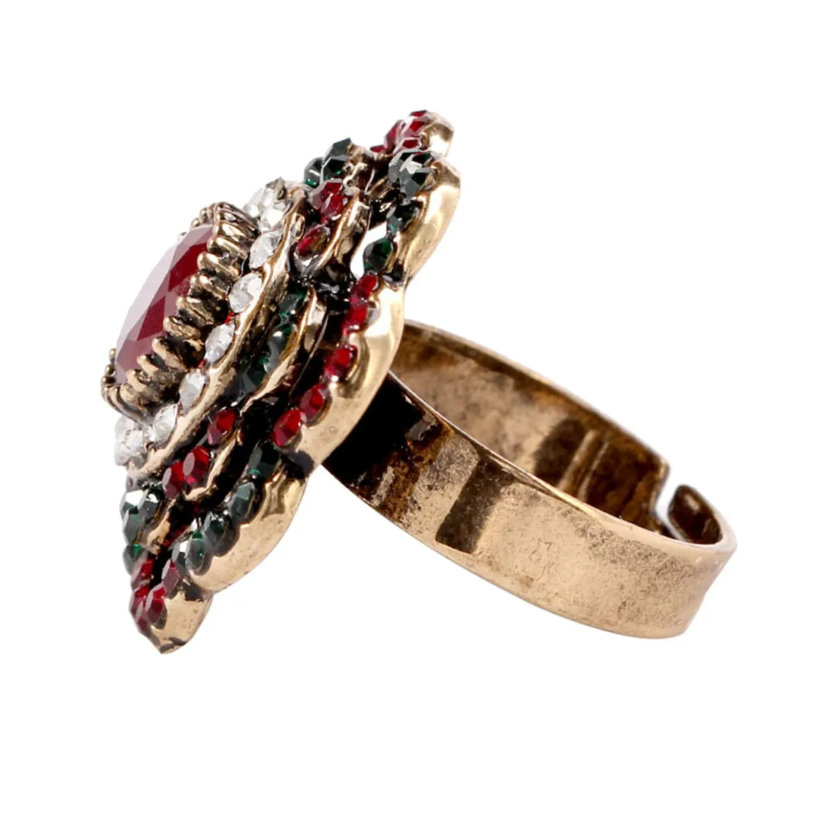 Red & Green Cubic Zirconia Retro Flower Ring