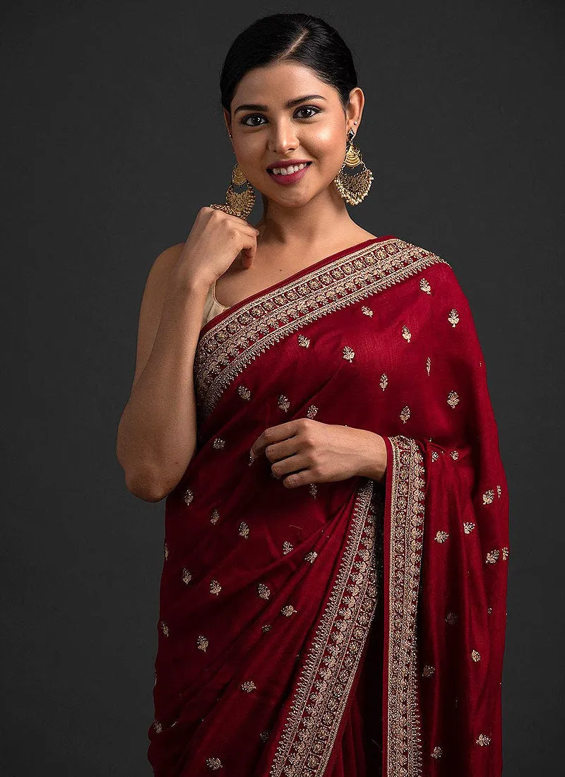 Red And Golden Sequence Embroidered Saree