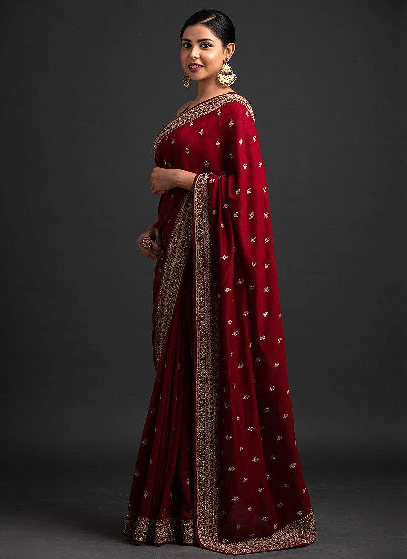 Red And Golden Sequence Embroidered Saree