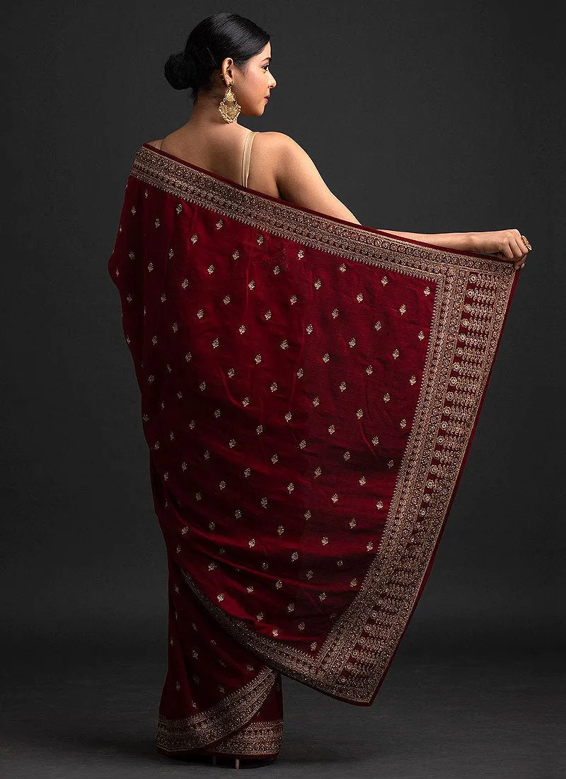 Red And Golden Sequence Embroidered Saree