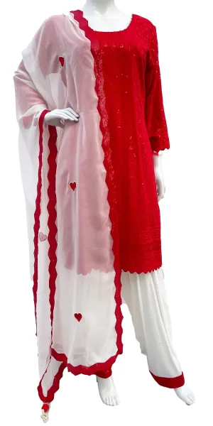 Red and White Patiala Salwar Suit, Georgette with Sequins Work