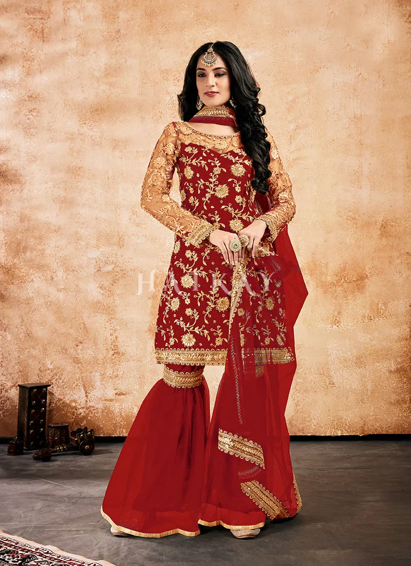 Red Zari Embroidered Traditional Gharara Style Suit