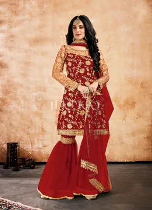 Red Zari Embroidered Traditional Gharara Style Suit