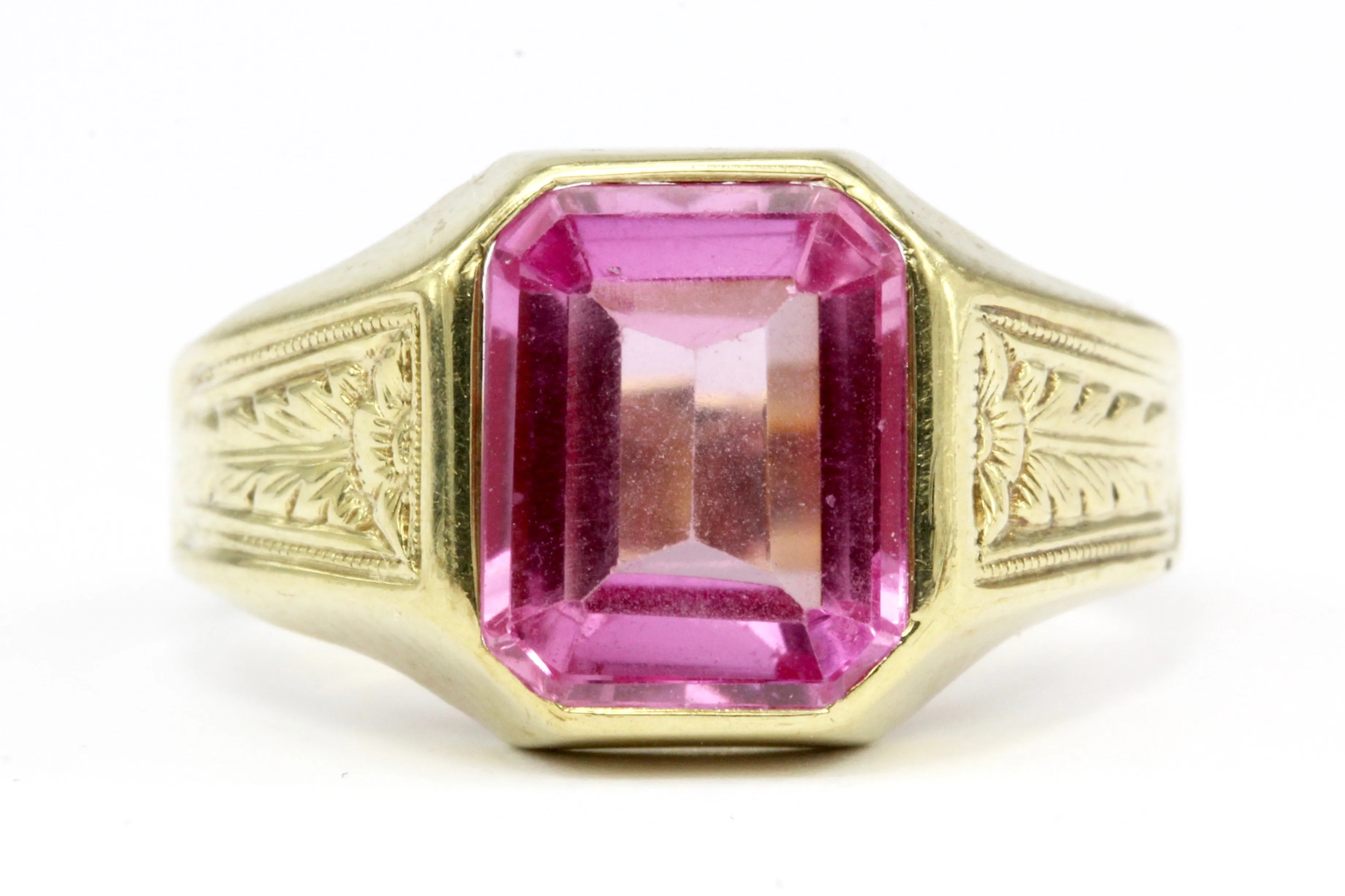 Retro 10K Yellow Gold Pink Sapphire Ring Size 7