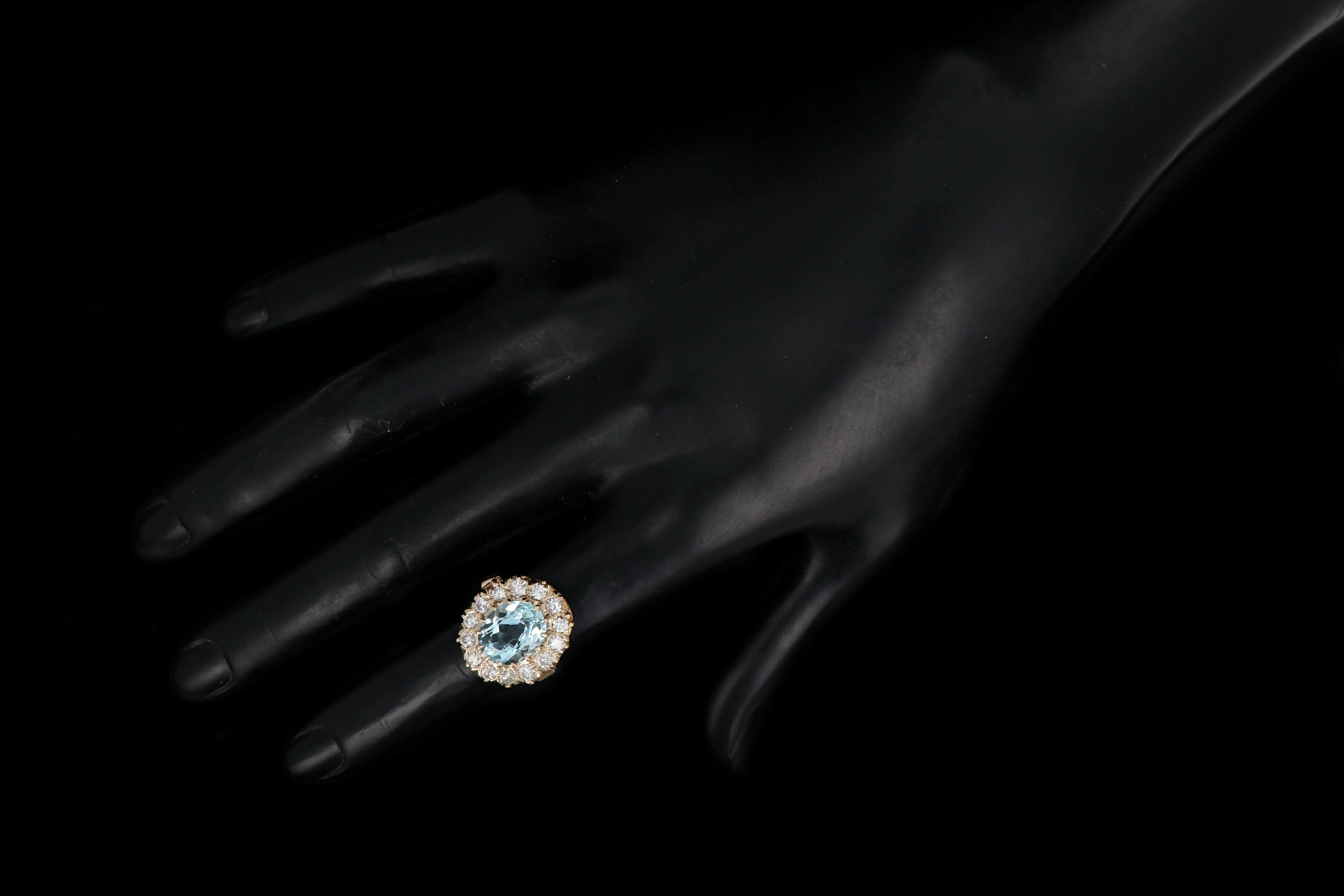 Retro 14K Gold 4 Carat Aquamarine & 1.3 Carat Diamond Halo Enamel Ring