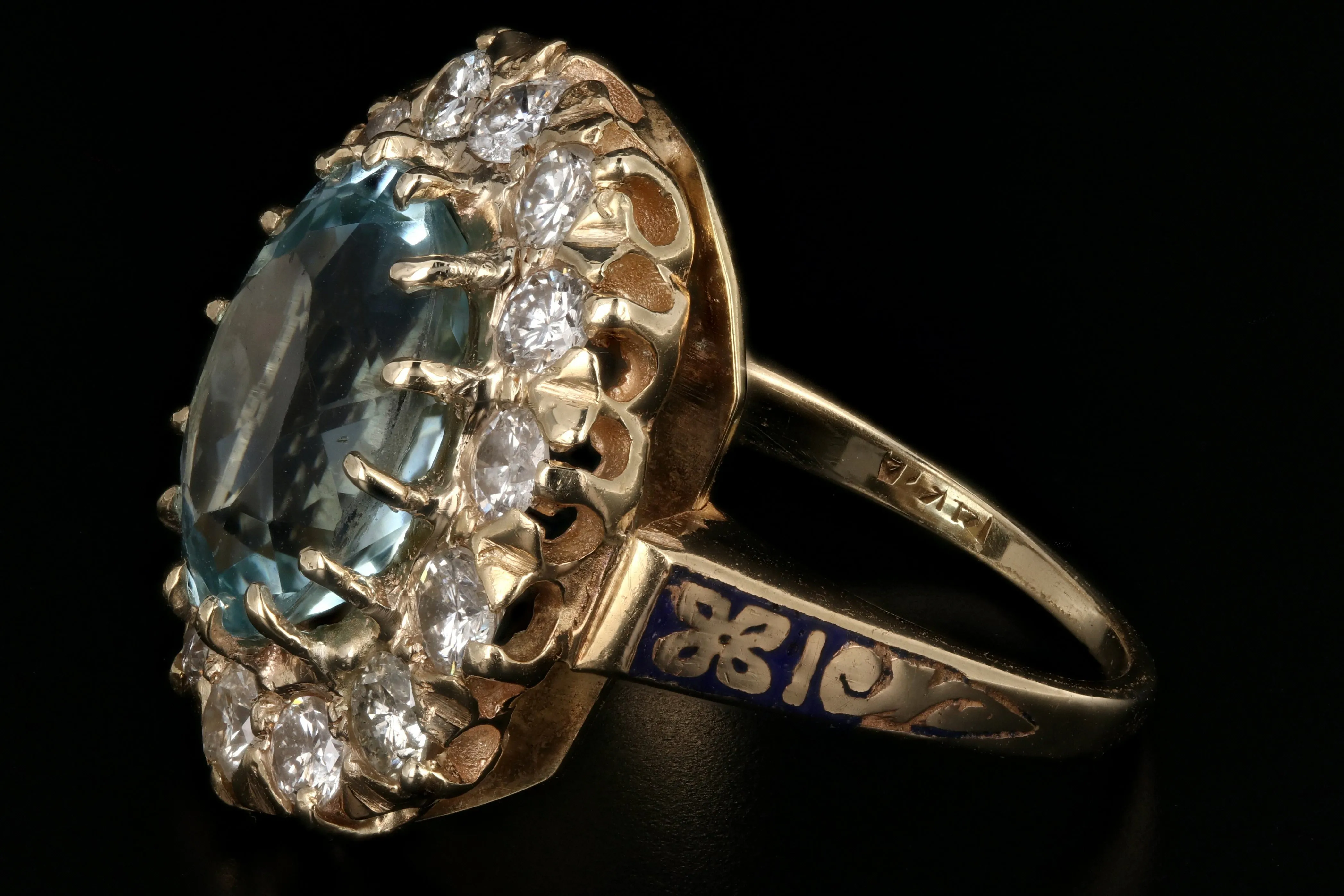 Retro 14K Gold 4 Carat Aquamarine & 1.3 Carat Diamond Halo Enamel Ring