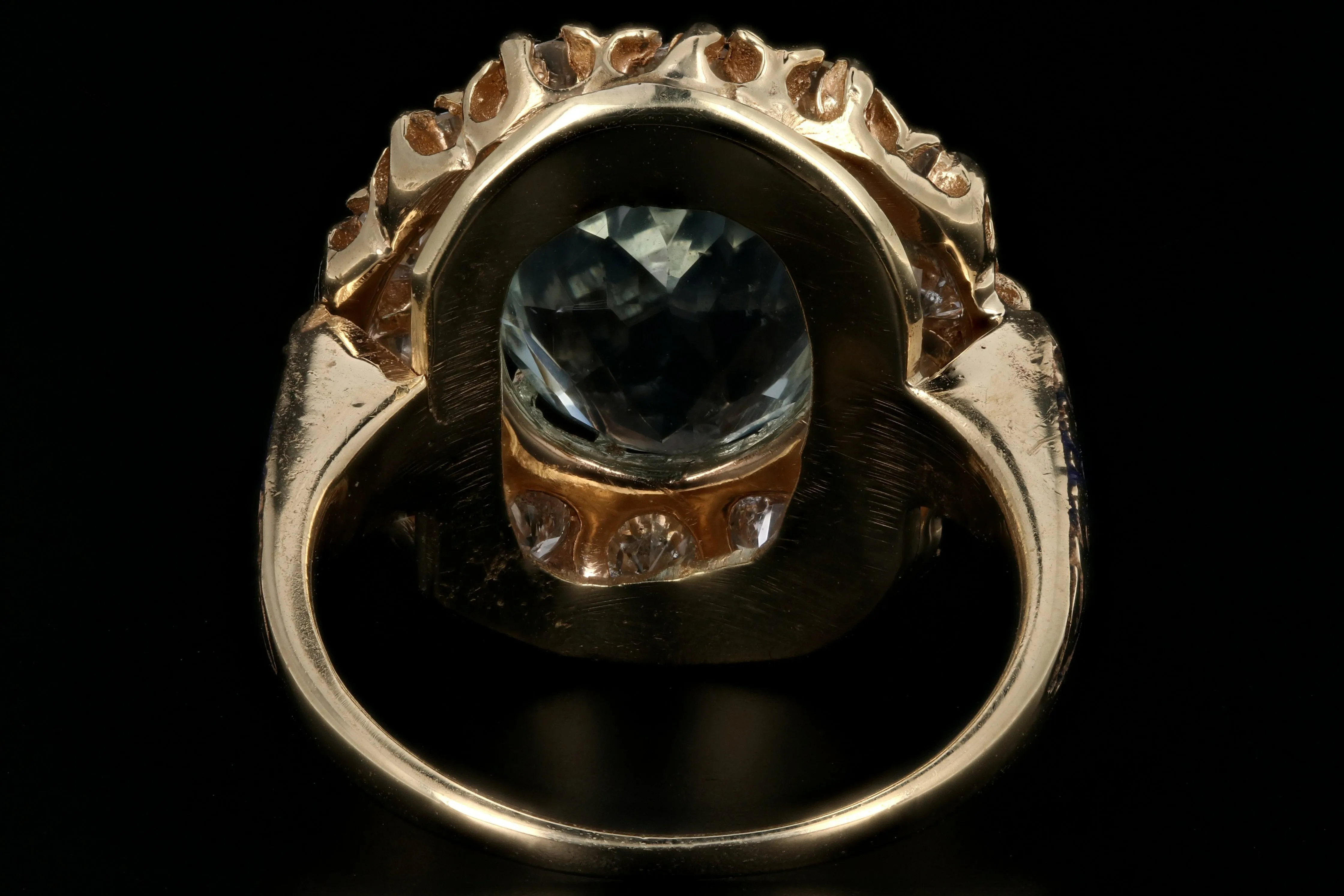 Retro 14K Gold 4 Carat Aquamarine & 1.3 Carat Diamond Halo Enamel Ring