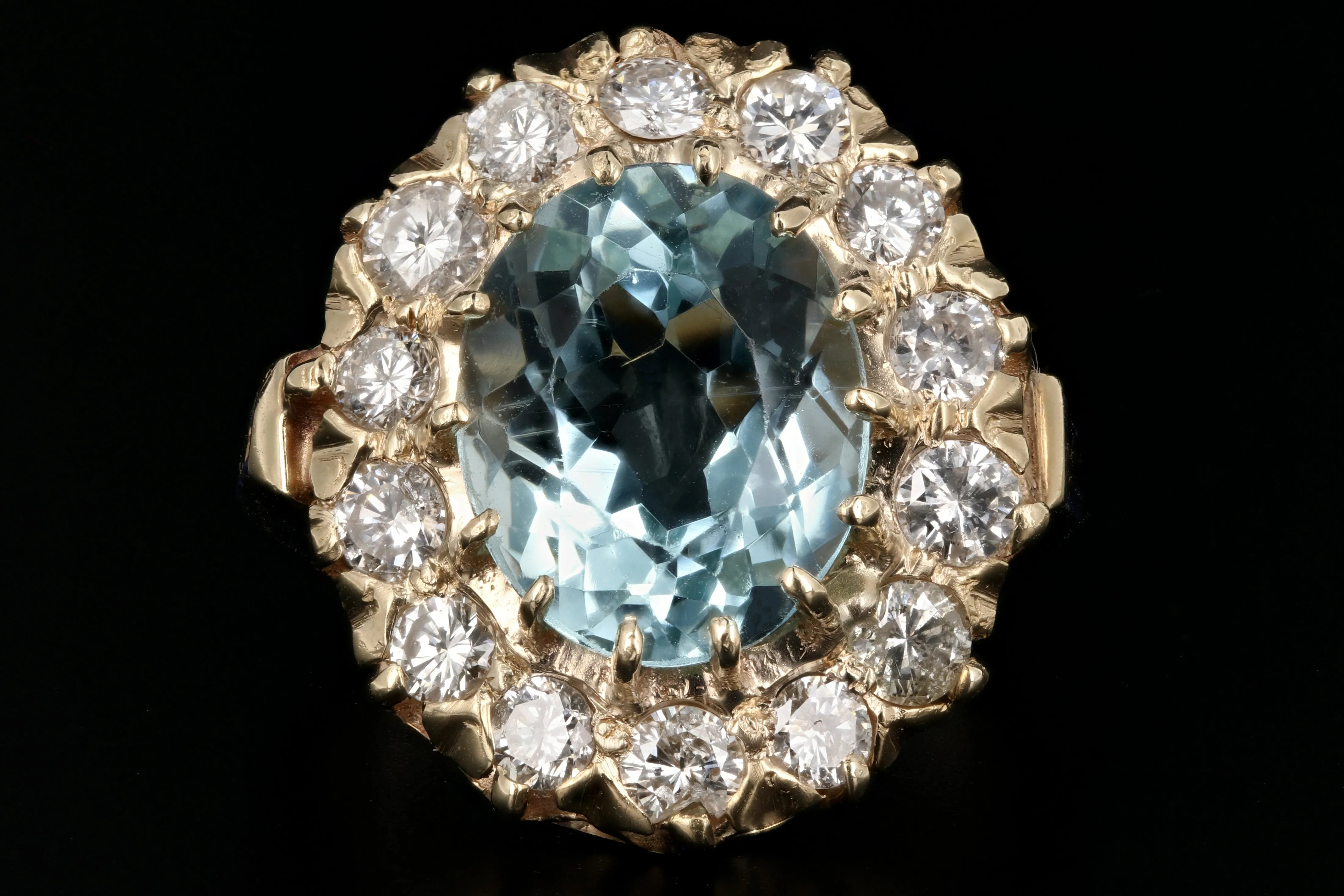 Retro 14K Gold 4 Carat Aquamarine & 1.3 Carat Diamond Halo Enamel Ring