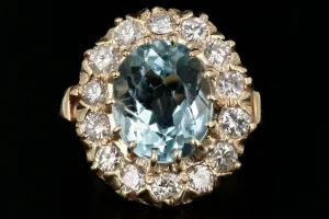 Retro 14K Gold 4 Carat Aquamarine & 1.3 Carat Diamond Halo Enamel Ring