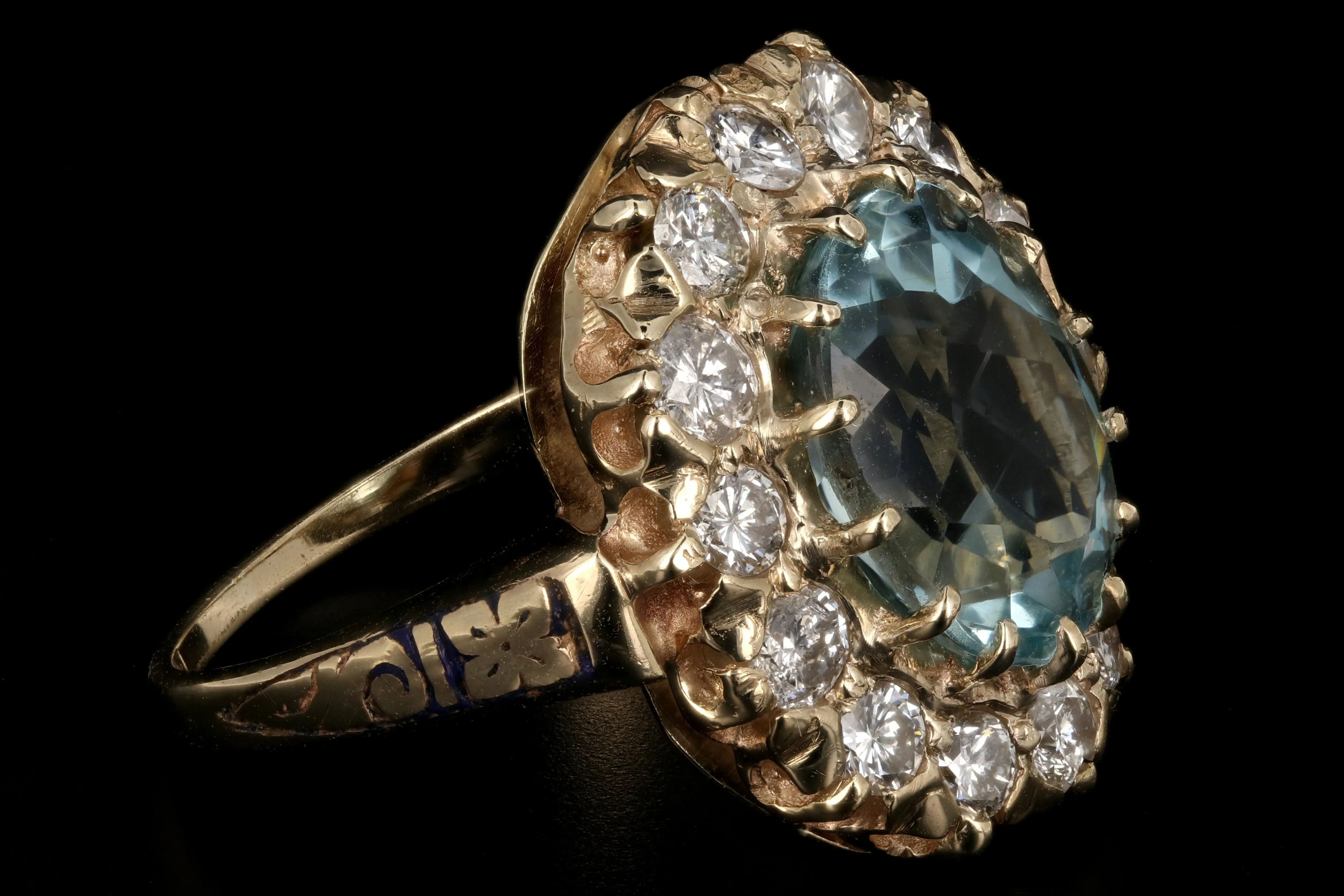 Retro 14K Gold 4 Carat Aquamarine & 1.3 Carat Diamond Halo Enamel Ring