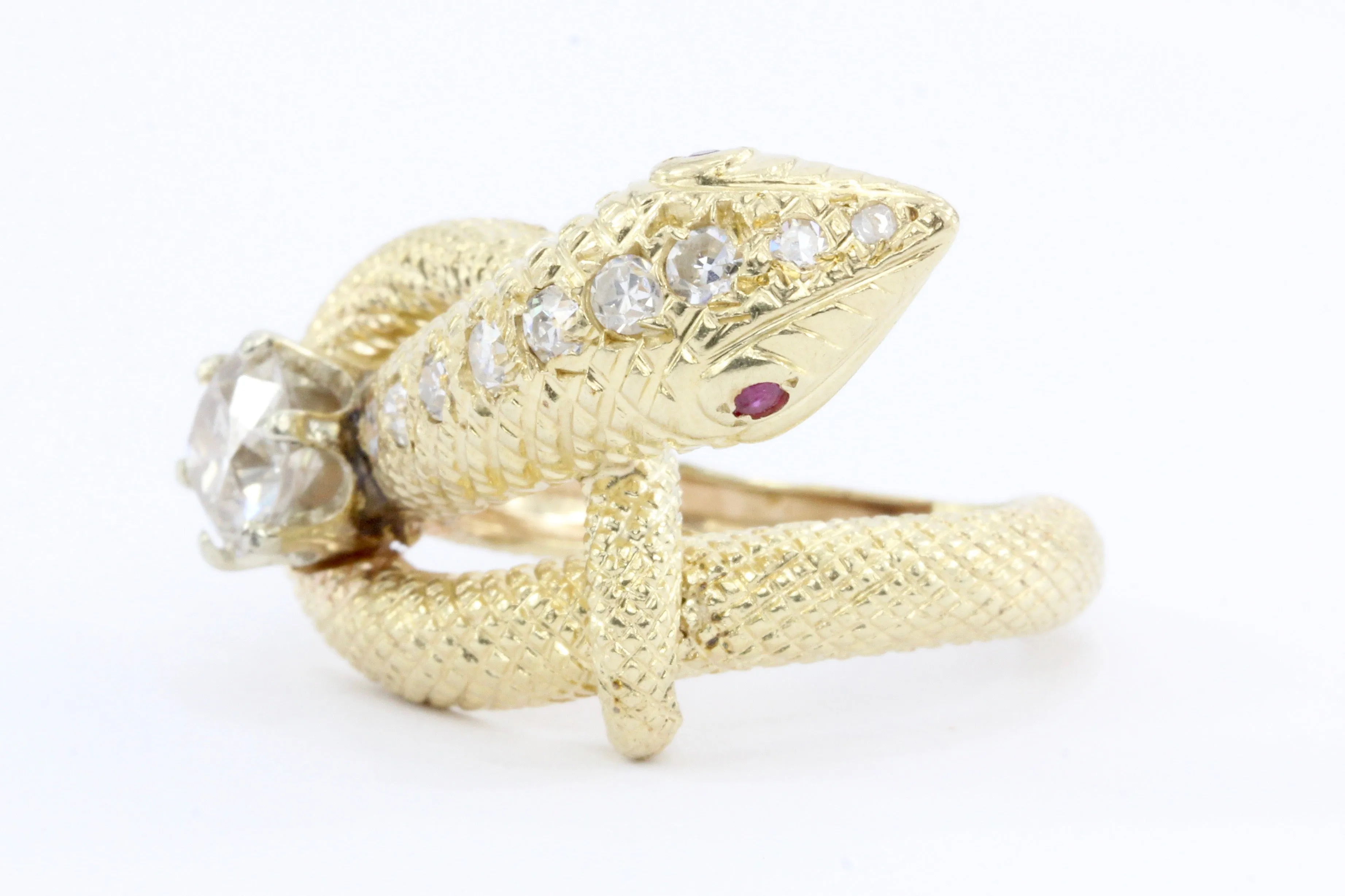 Retro 14K Gold Champagne Diamond & Ruby Coiled Snake Ring c.1950's