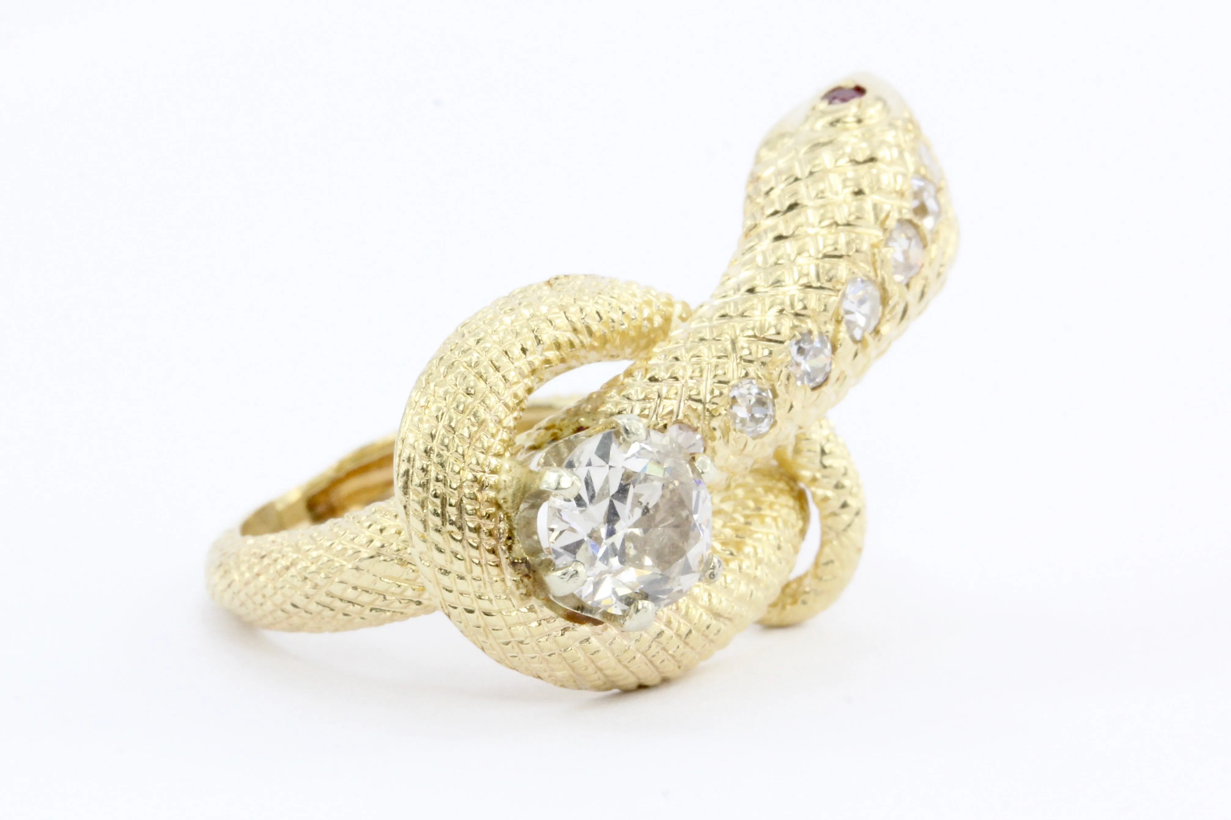 Retro 14K Gold Champagne Diamond & Ruby Coiled Snake Ring c.1950's