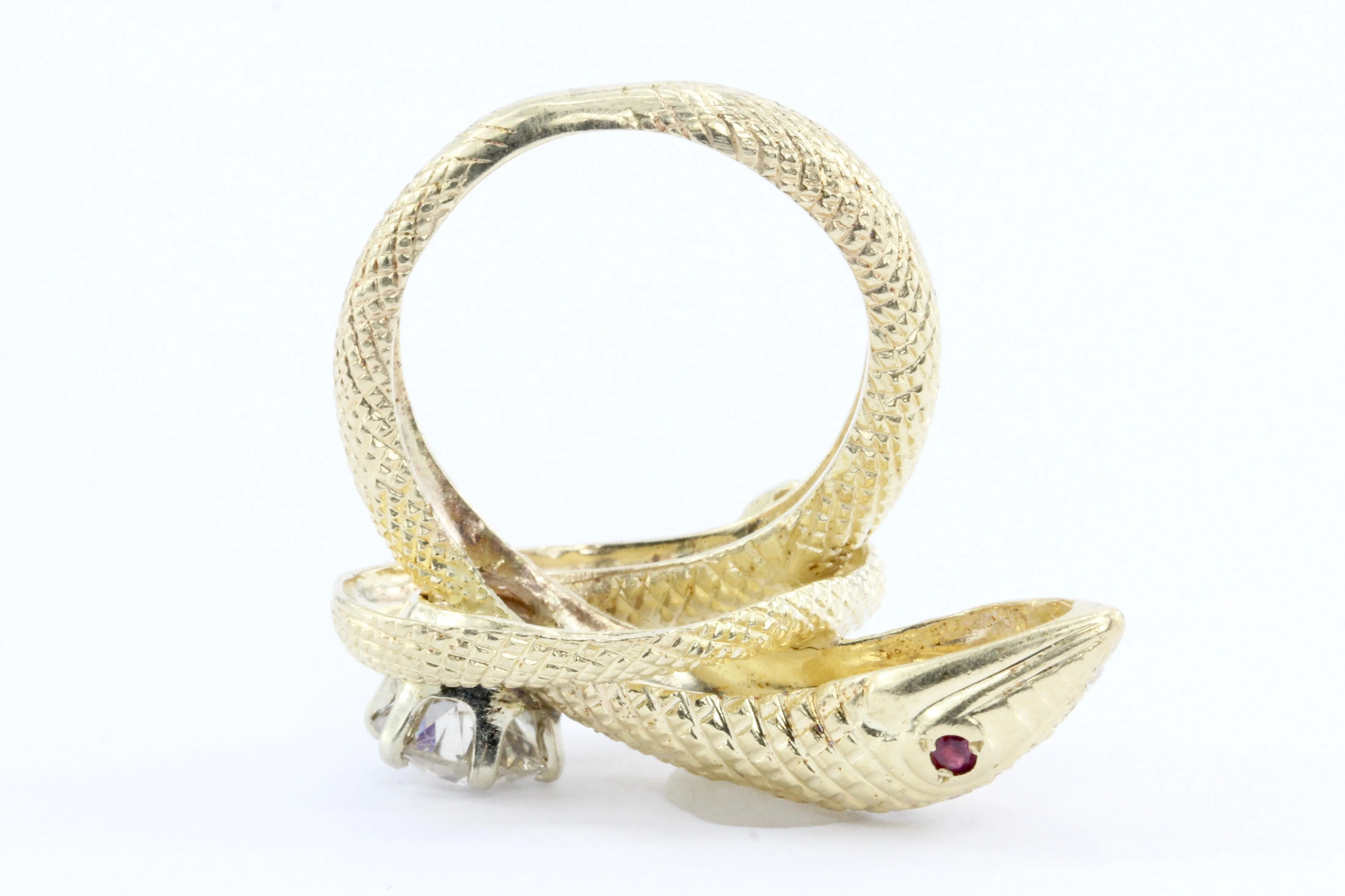 Retro 14K Gold Champagne Diamond & Ruby Coiled Snake Ring c.1950's