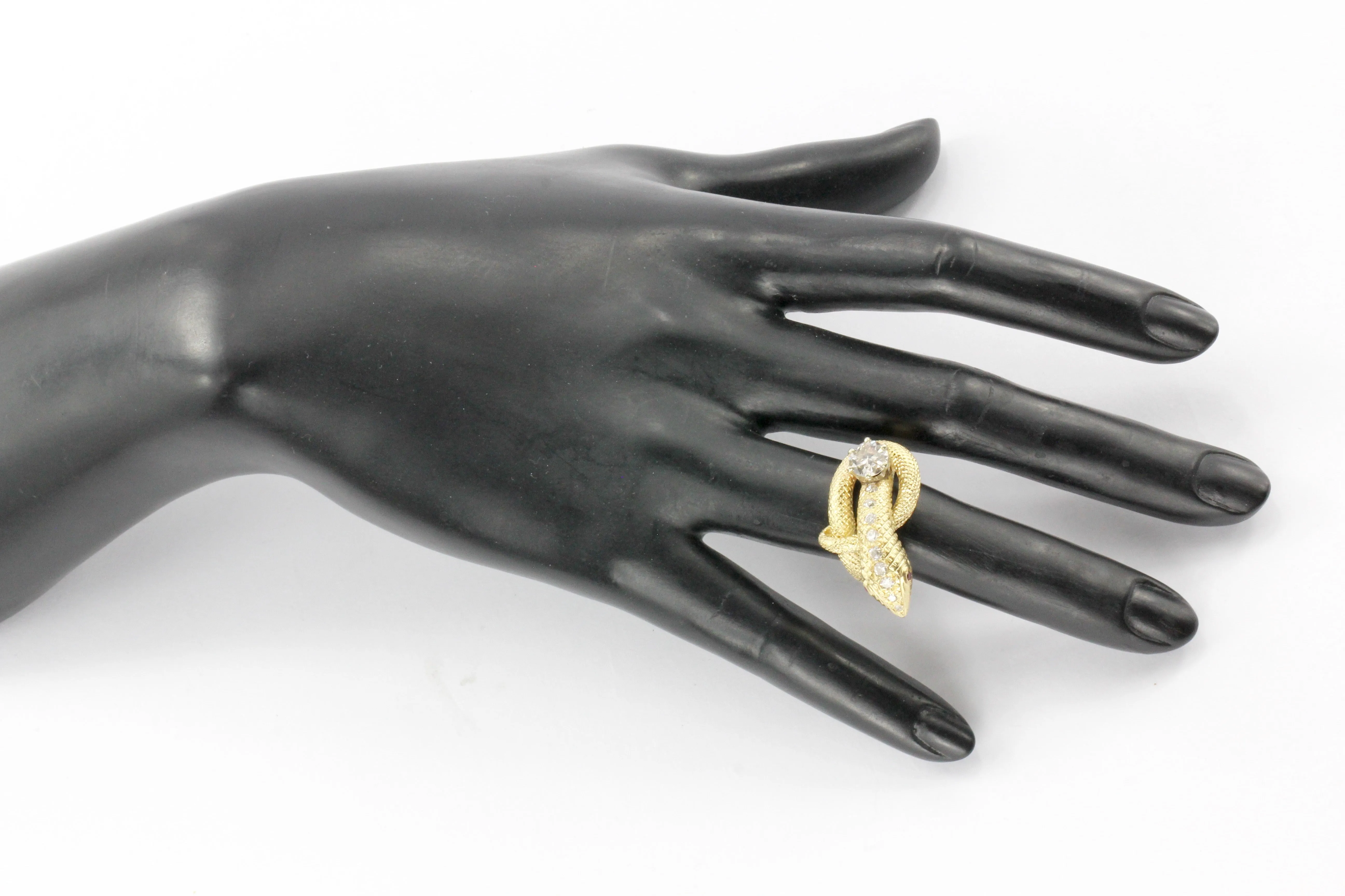 Retro 14K Gold Champagne Diamond & Ruby Coiled Snake Ring c.1950's