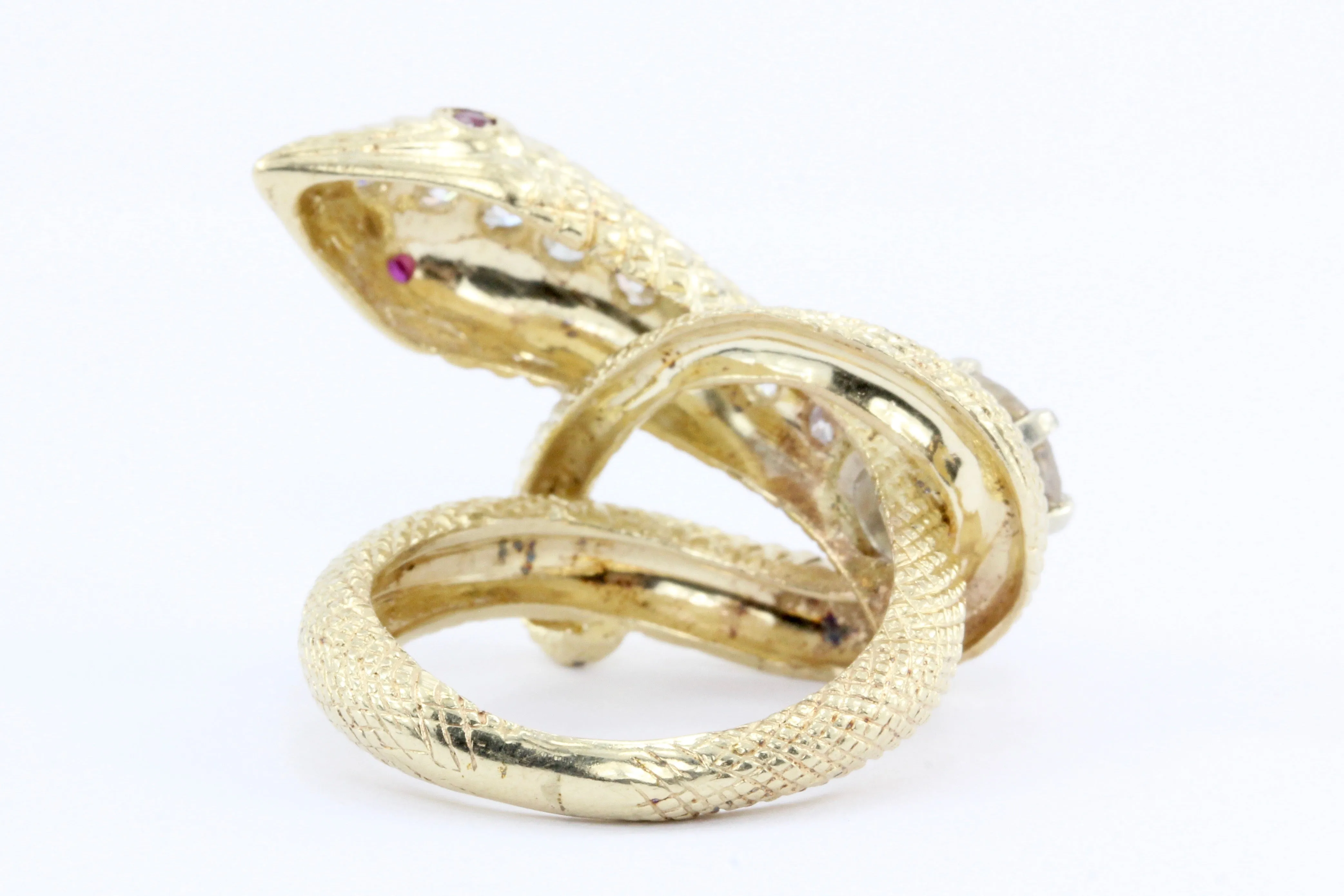 Retro 14K Gold Champagne Diamond & Ruby Coiled Snake Ring c.1950's