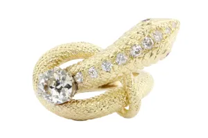 Retro 14K Gold Champagne Diamond & Ruby Coiled Snake Ring c.1950's