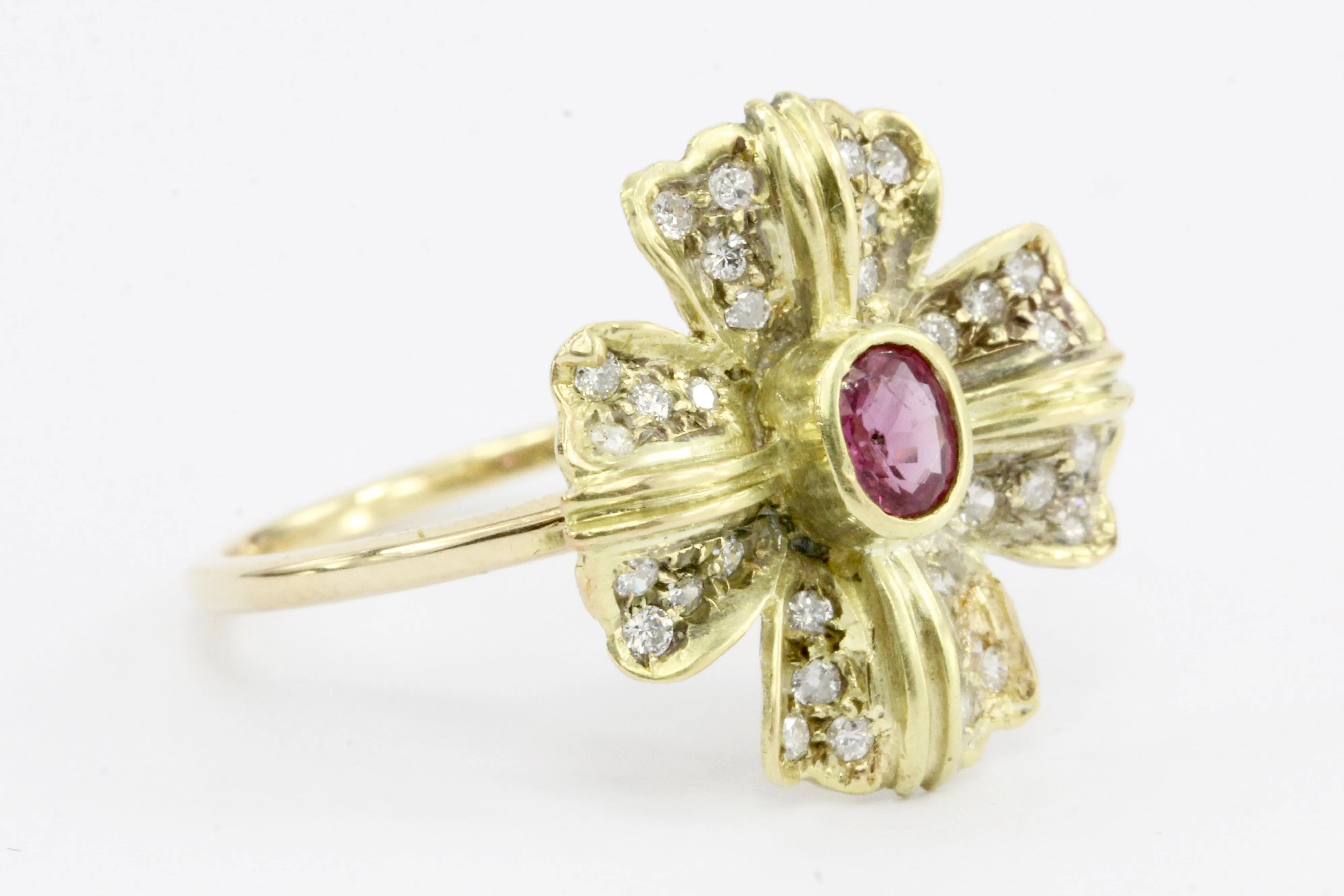 Retro 14K Gold Diamond & Ruby Floral Conversion Ring c.1950's