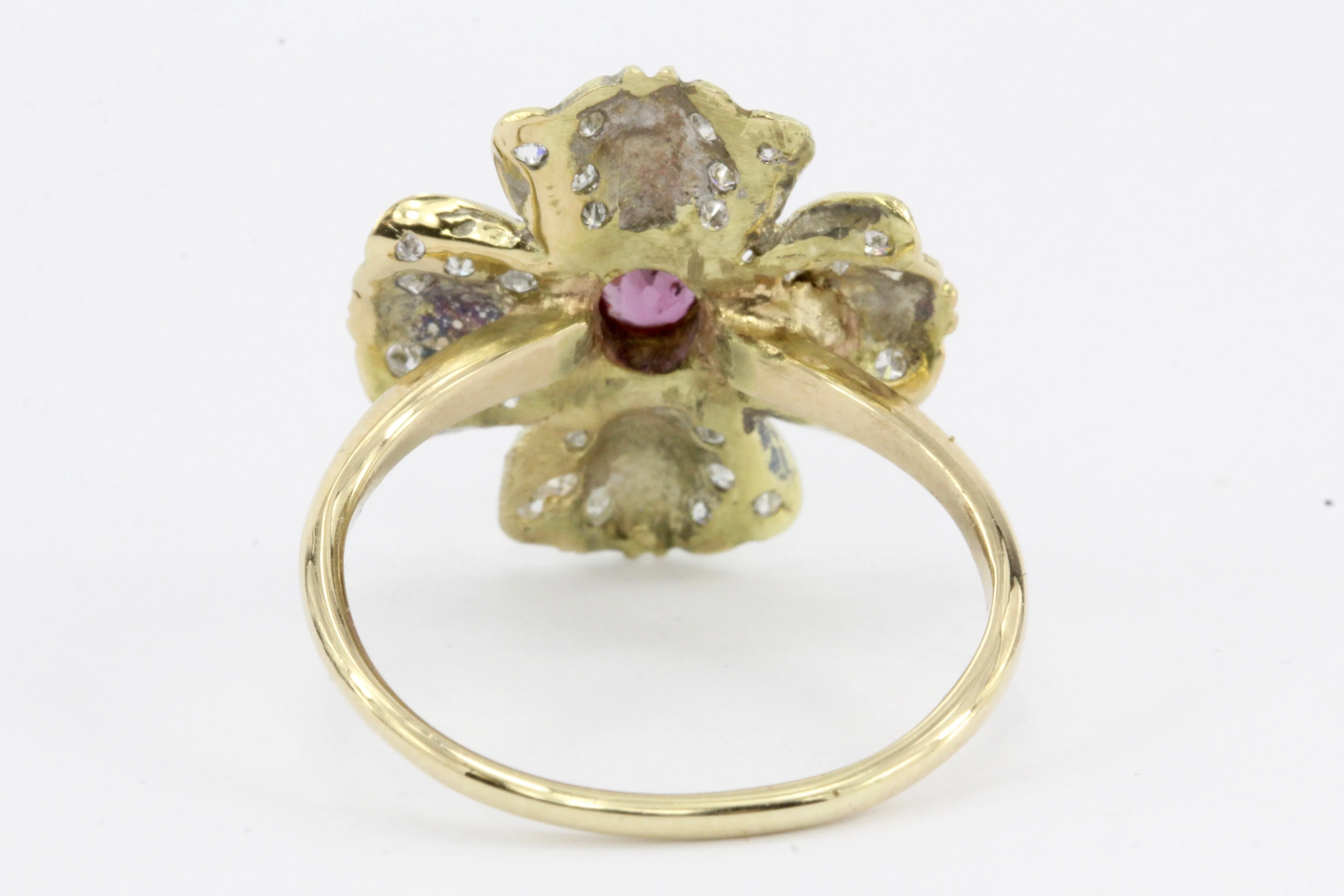 Retro 14K Gold Diamond & Ruby Floral Conversion Ring c.1950's