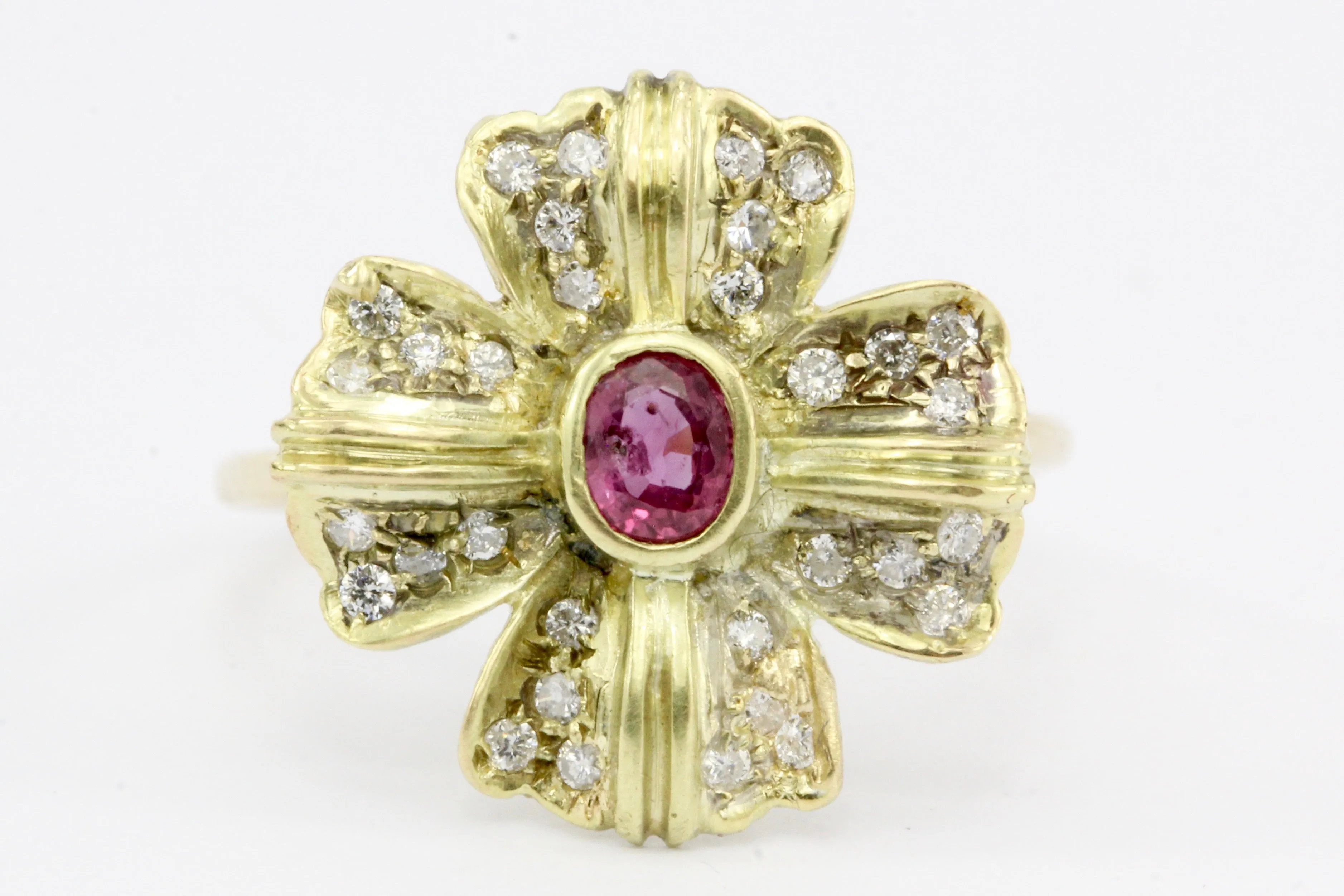 Retro 14K Gold Diamond & Ruby Floral Conversion Ring c.1950's