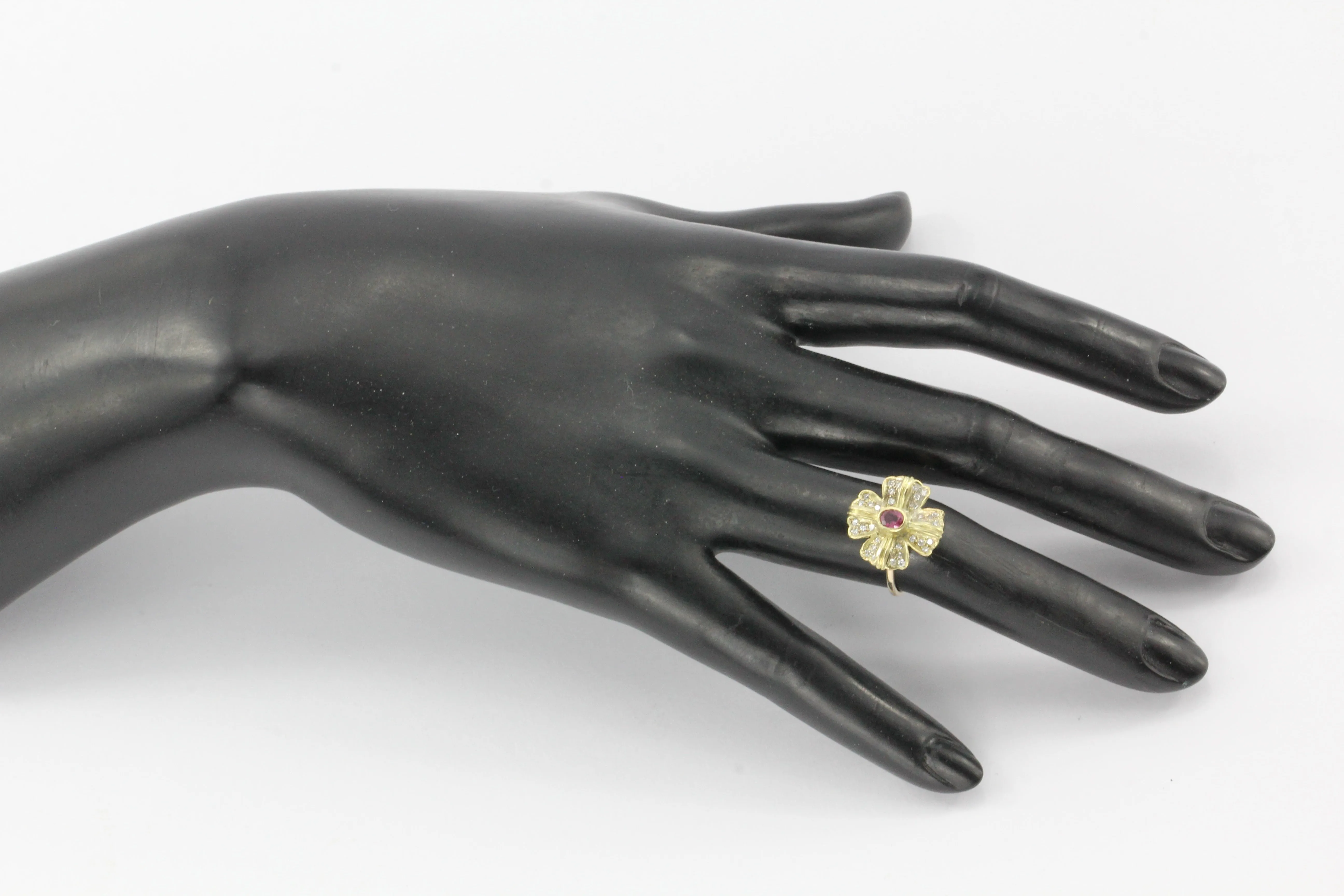 Retro 14K Gold Diamond & Ruby Floral Conversion Ring c.1950's