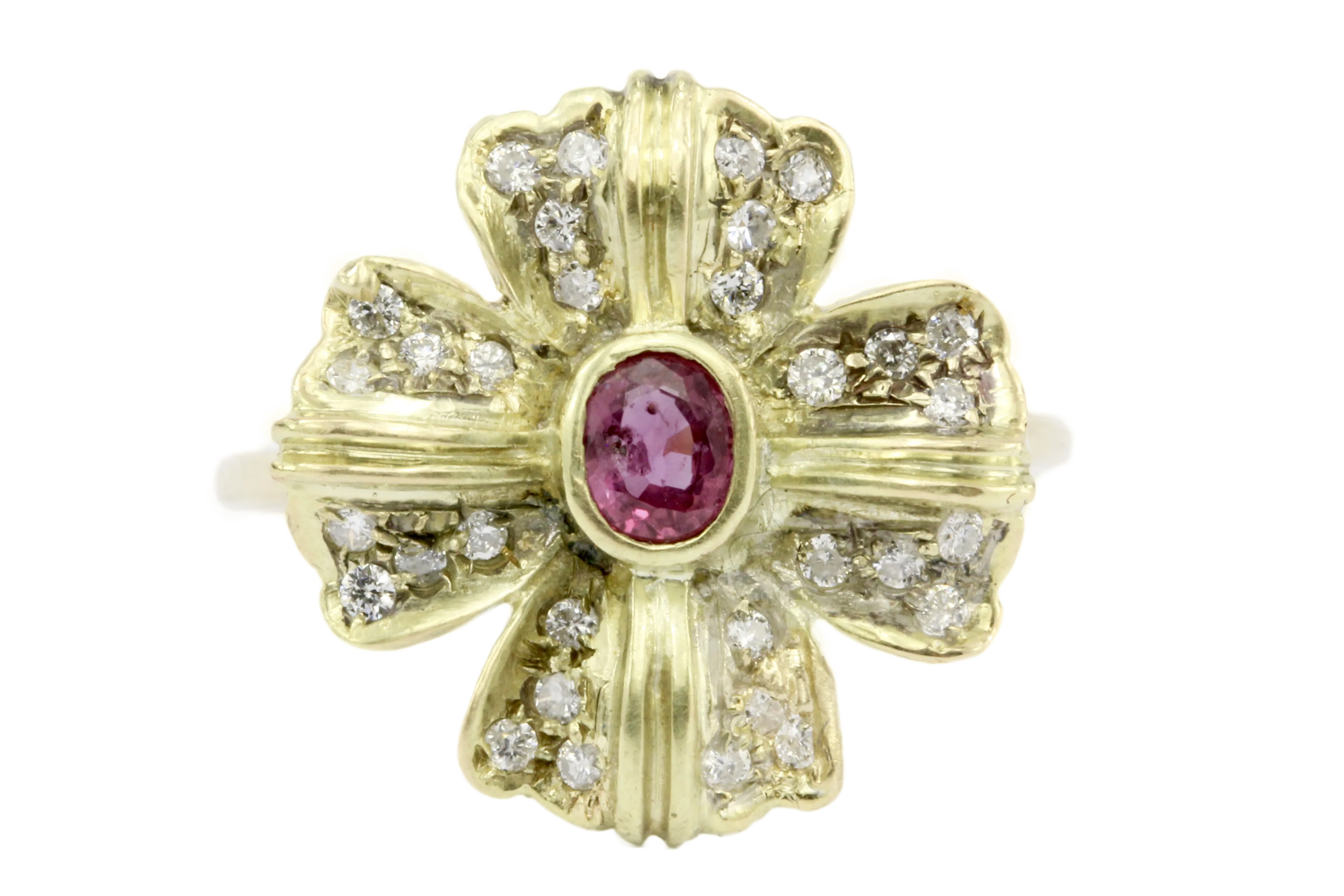 Retro 14K Gold Diamond & Ruby Floral Conversion Ring c.1950's
