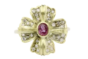 Retro 14K Gold Diamond & Ruby Floral Conversion Ring c.1950's