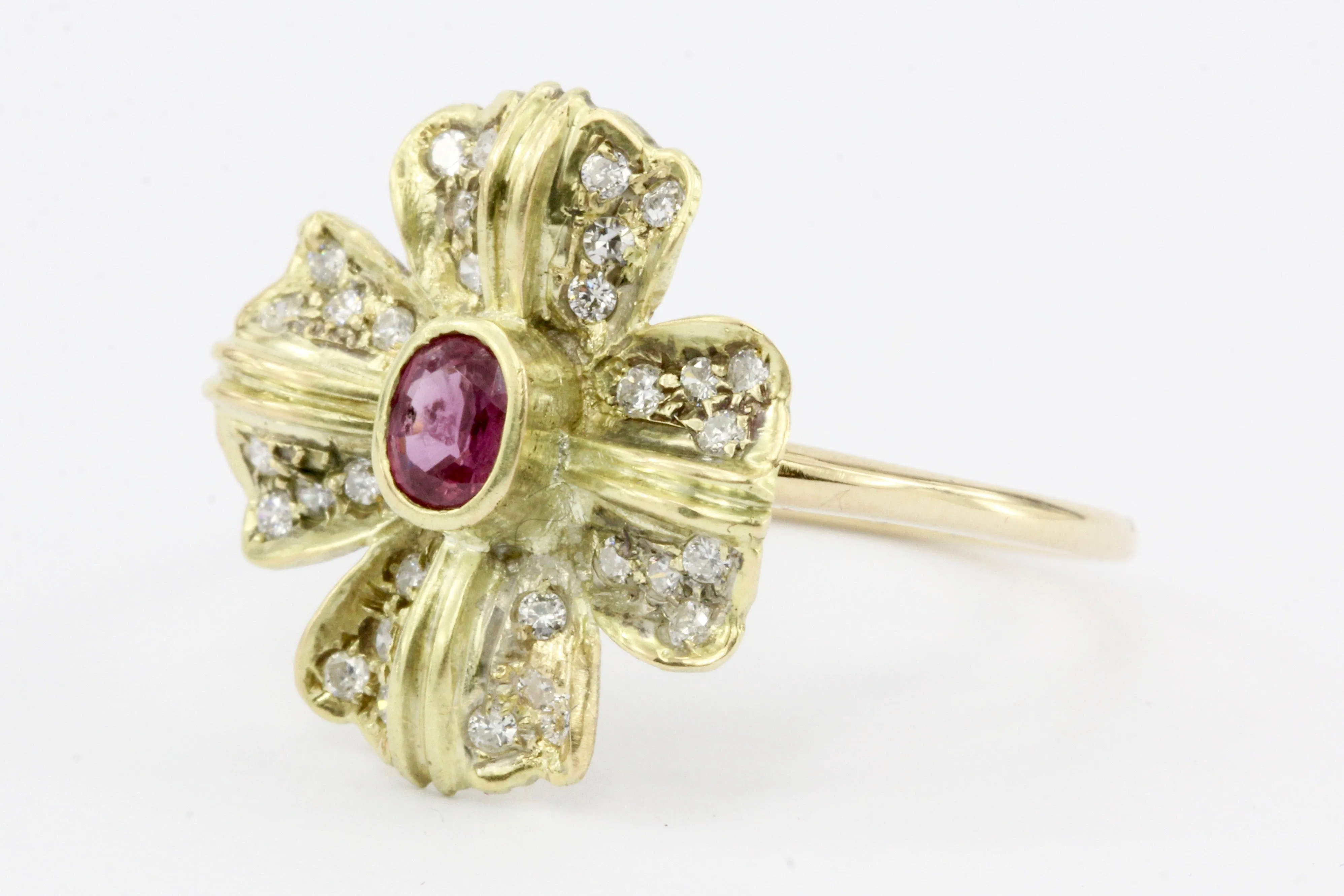 Retro 14K Gold Diamond & Ruby Floral Conversion Ring c.1950's