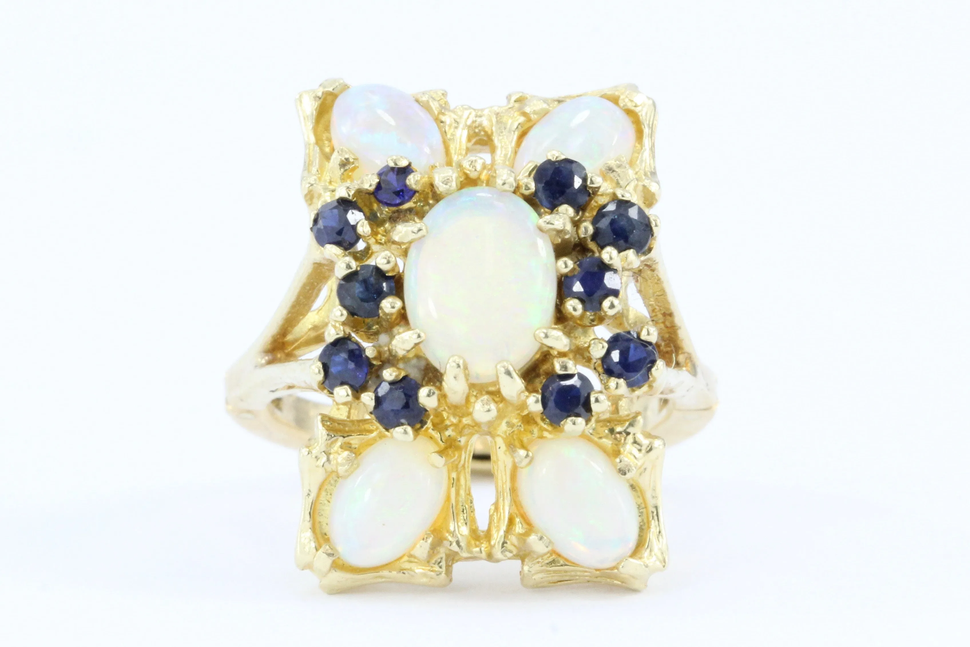 Retro 14K Gold Opal & Sapphire Cluster Ring c.1950